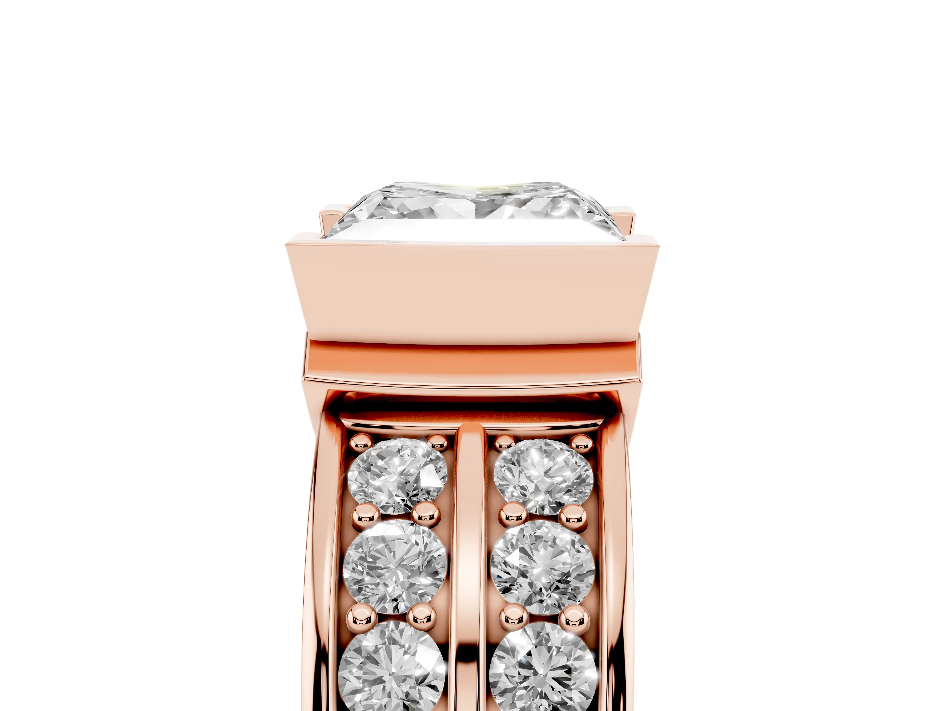 Princess Cut Diamond Wide Channel Set Band Ring Set in Rose gold with Bezel Setting