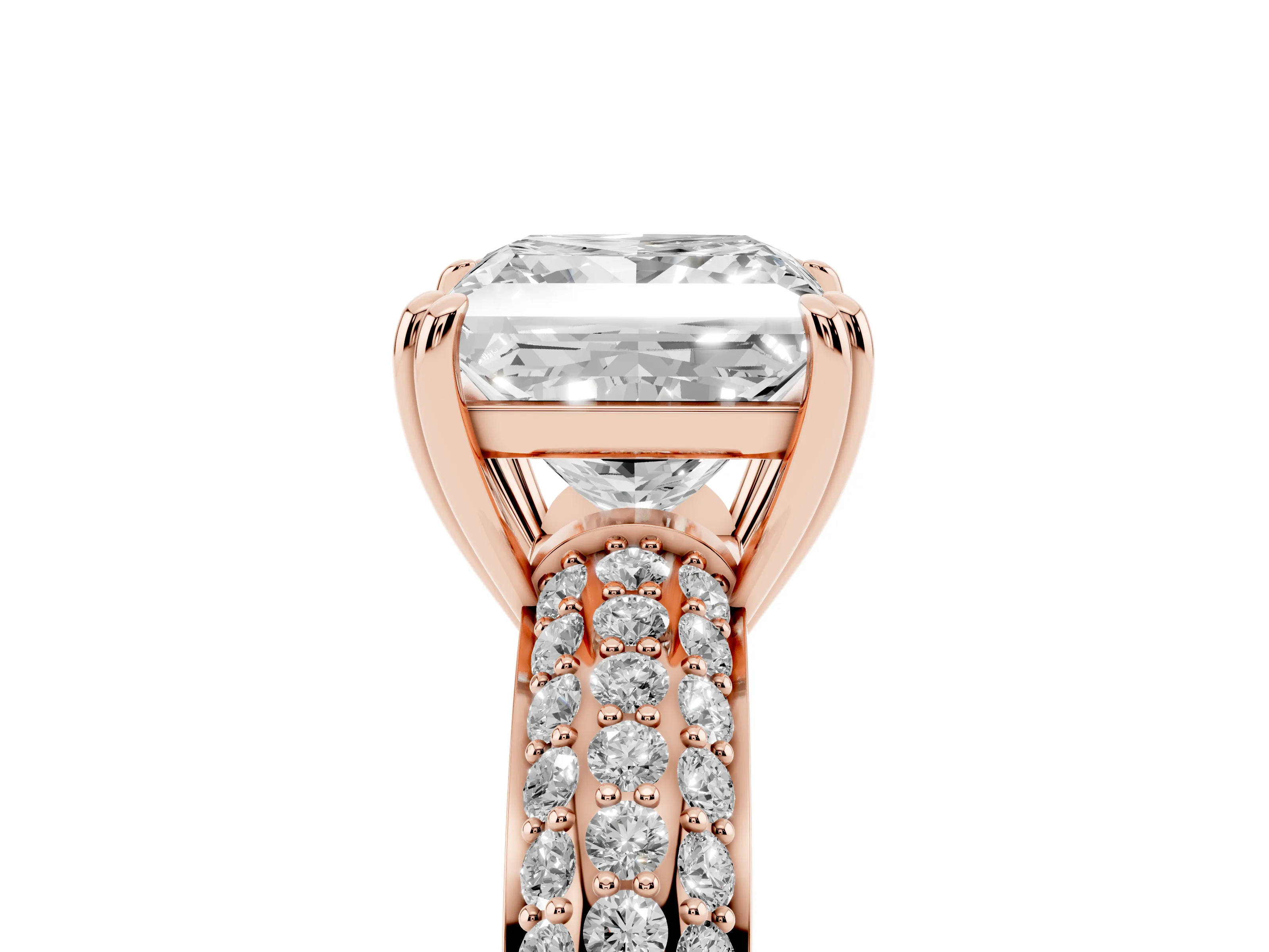 Princess Cut Diamond Solitaire Ring Set in Rose gold with Multi-Row Round Pavé Band and Prong Setting