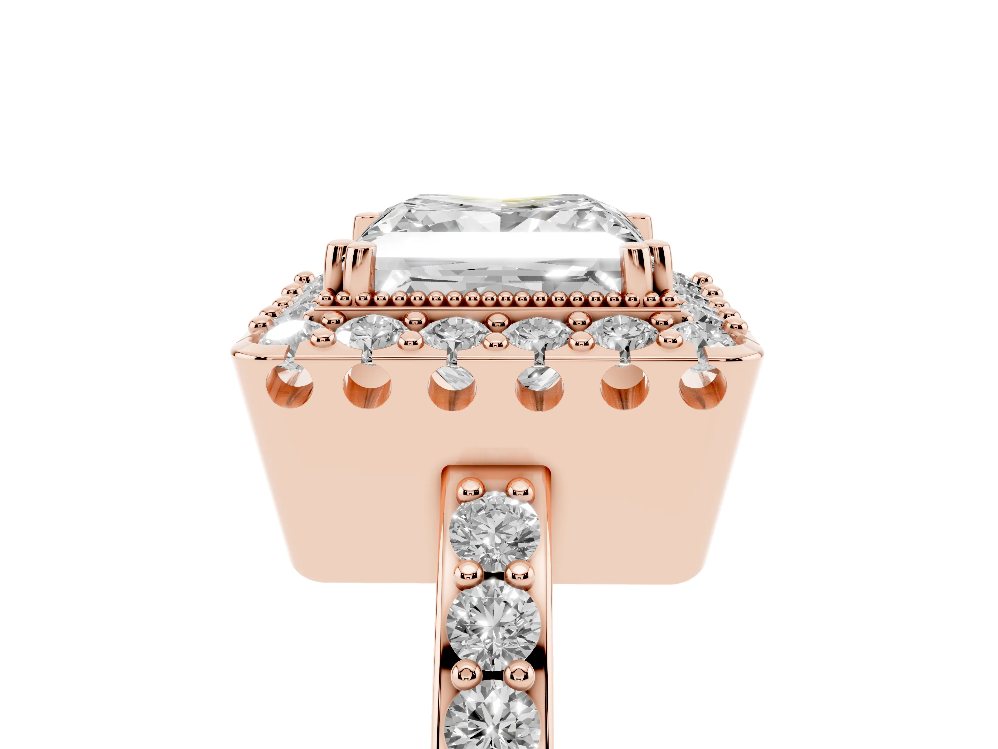 Princess Cut Diamond Halo Ring Set in Rose gold with Pavé Shank and Prong Setting