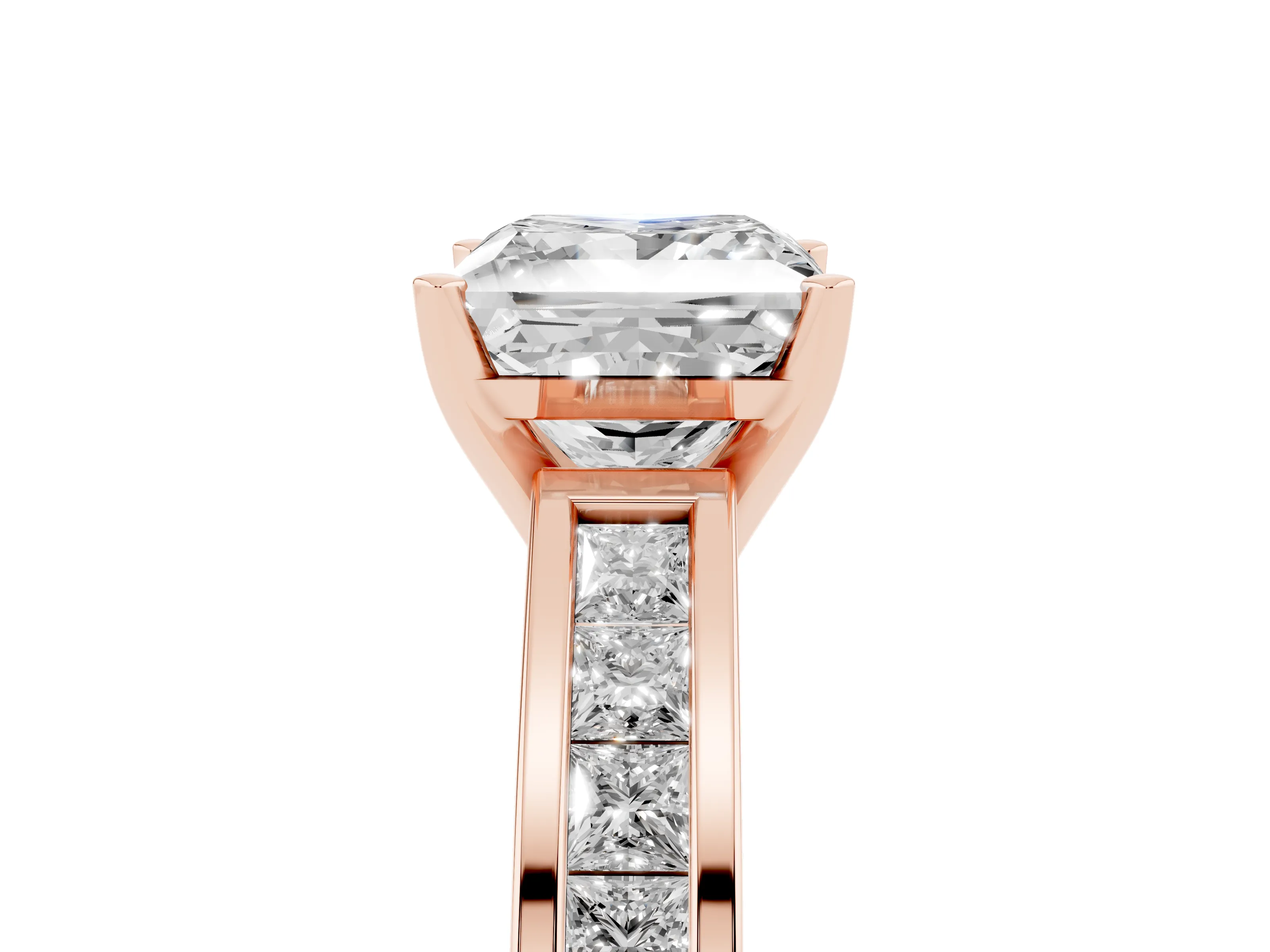 Princess Cut Diamond Solitaire Ring Set in Rose gold with Channel-Set Band and Prong Setting