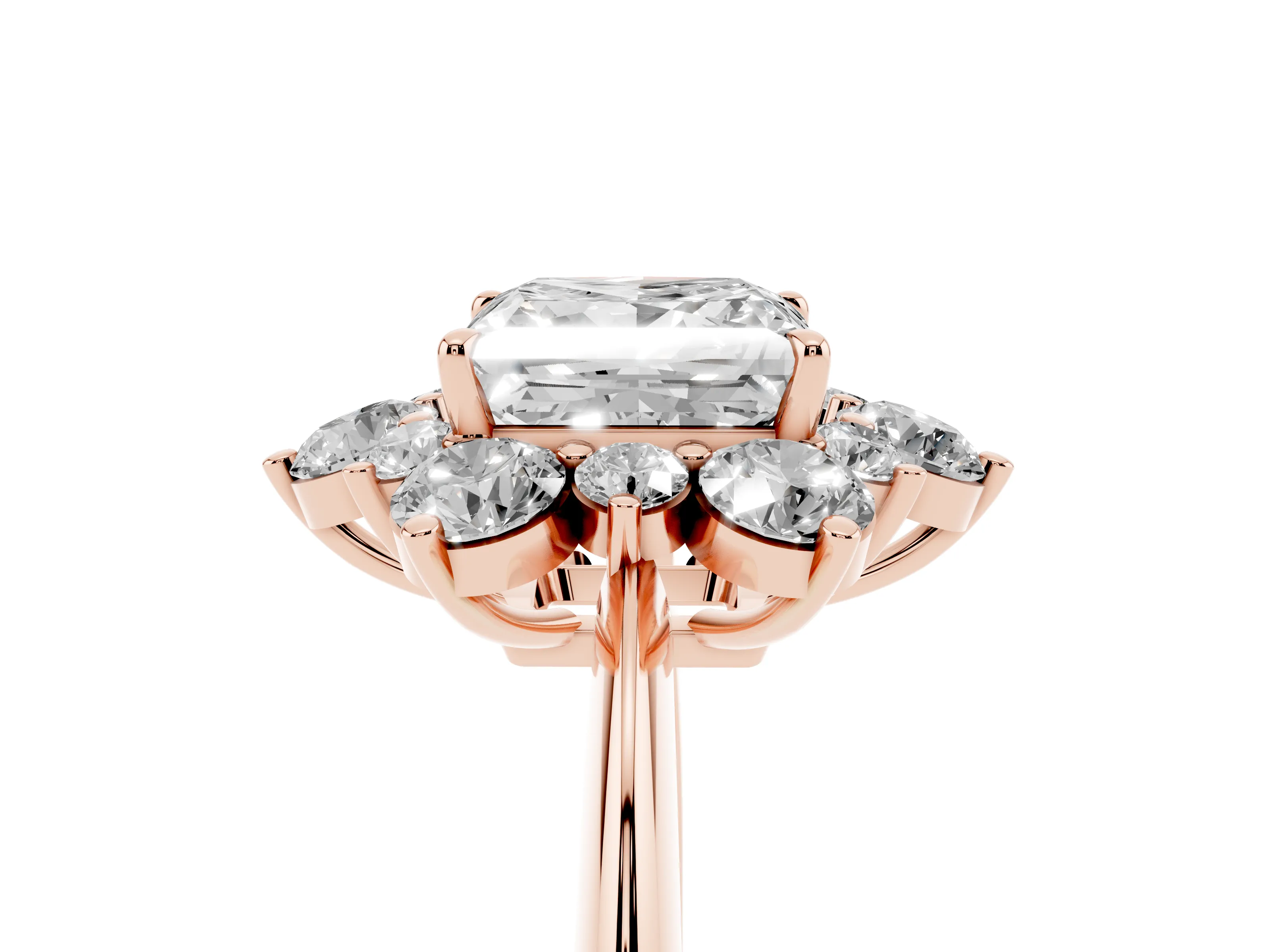 Princess Cut Diamond Cluster Halo Ring Set in Rose gold with Solitaire Band and Prong Setting