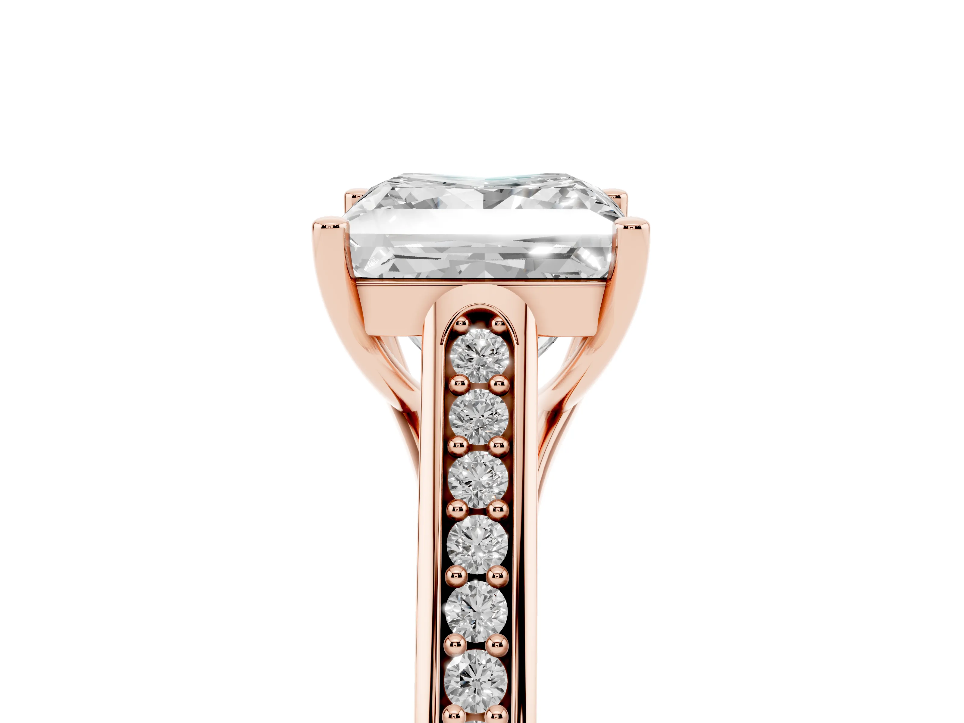 Princess Cut Diamond Solitaire Cathedral Engagement Ring Set in Rose gold with Channel-Set Band and Prong Setting