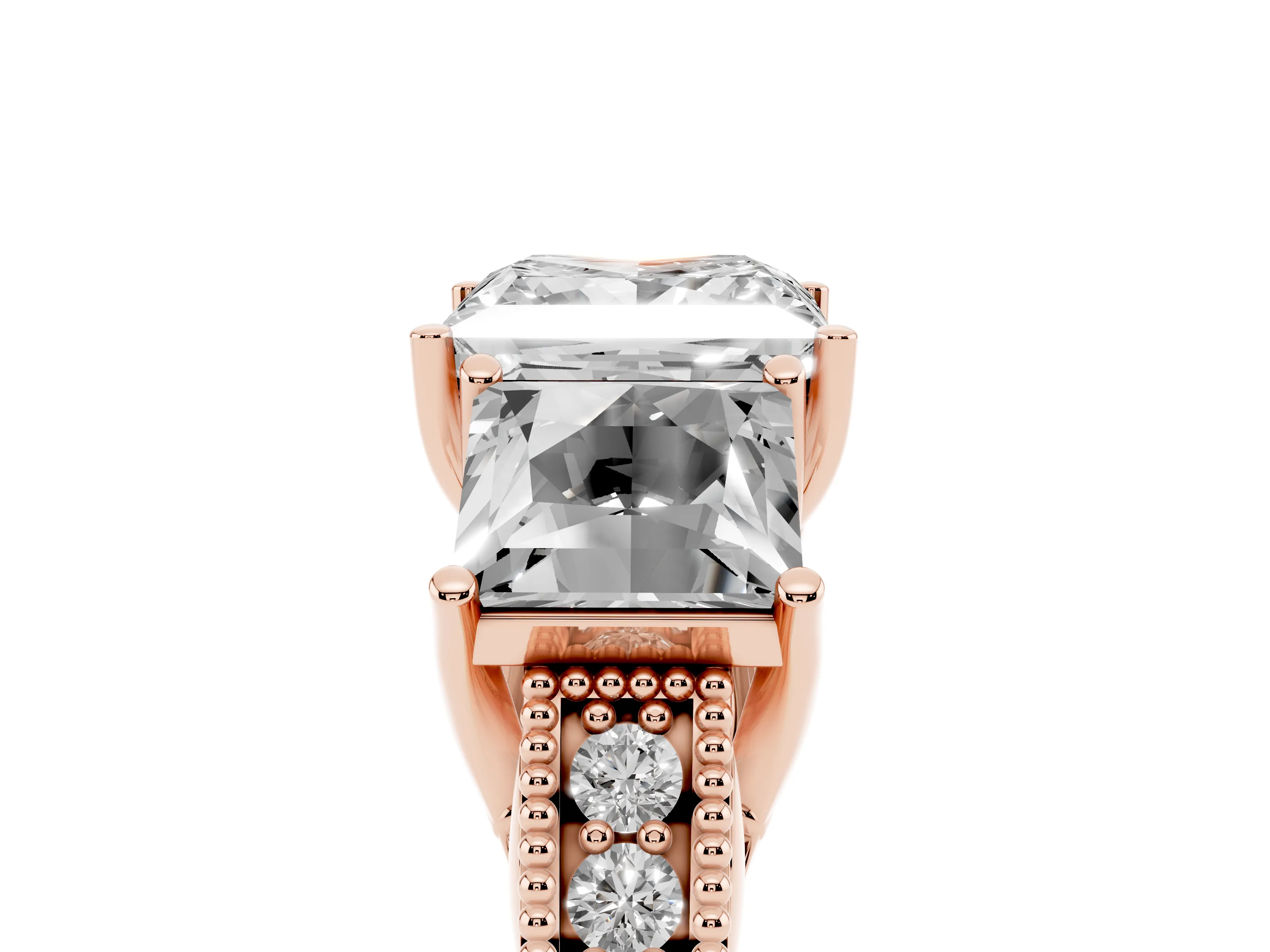 Princess Cut Diamond Three-Stone Engagement Ring Set in Rose gold with Milgrain Pavé Band