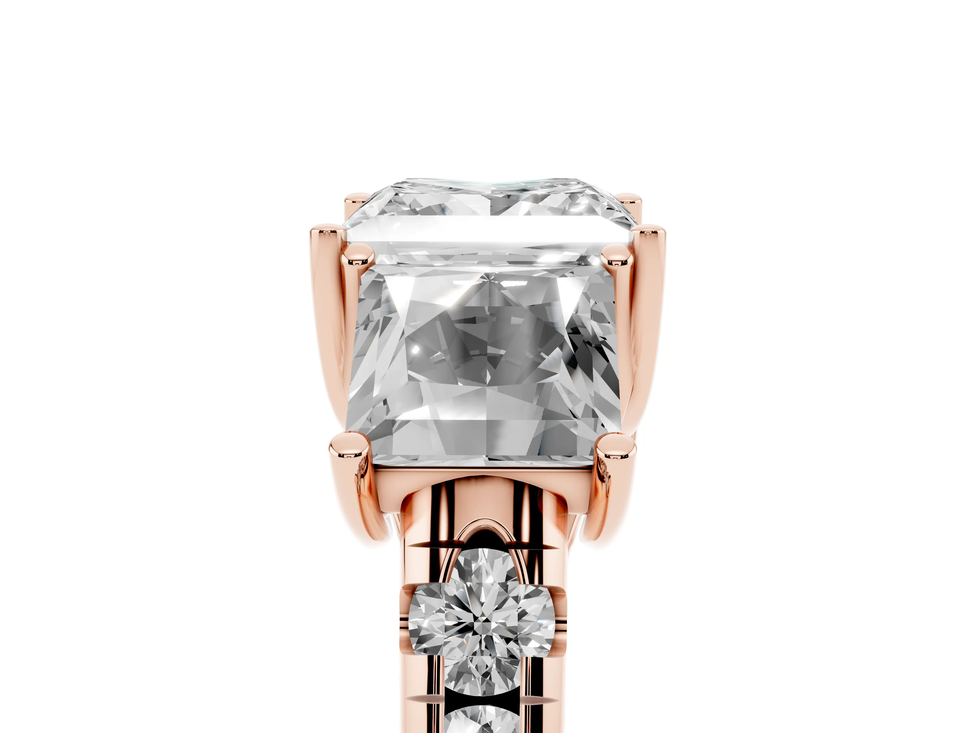 Princess Cut Diamond Three-Stone Ring Set in Rose gold with Pavé Band