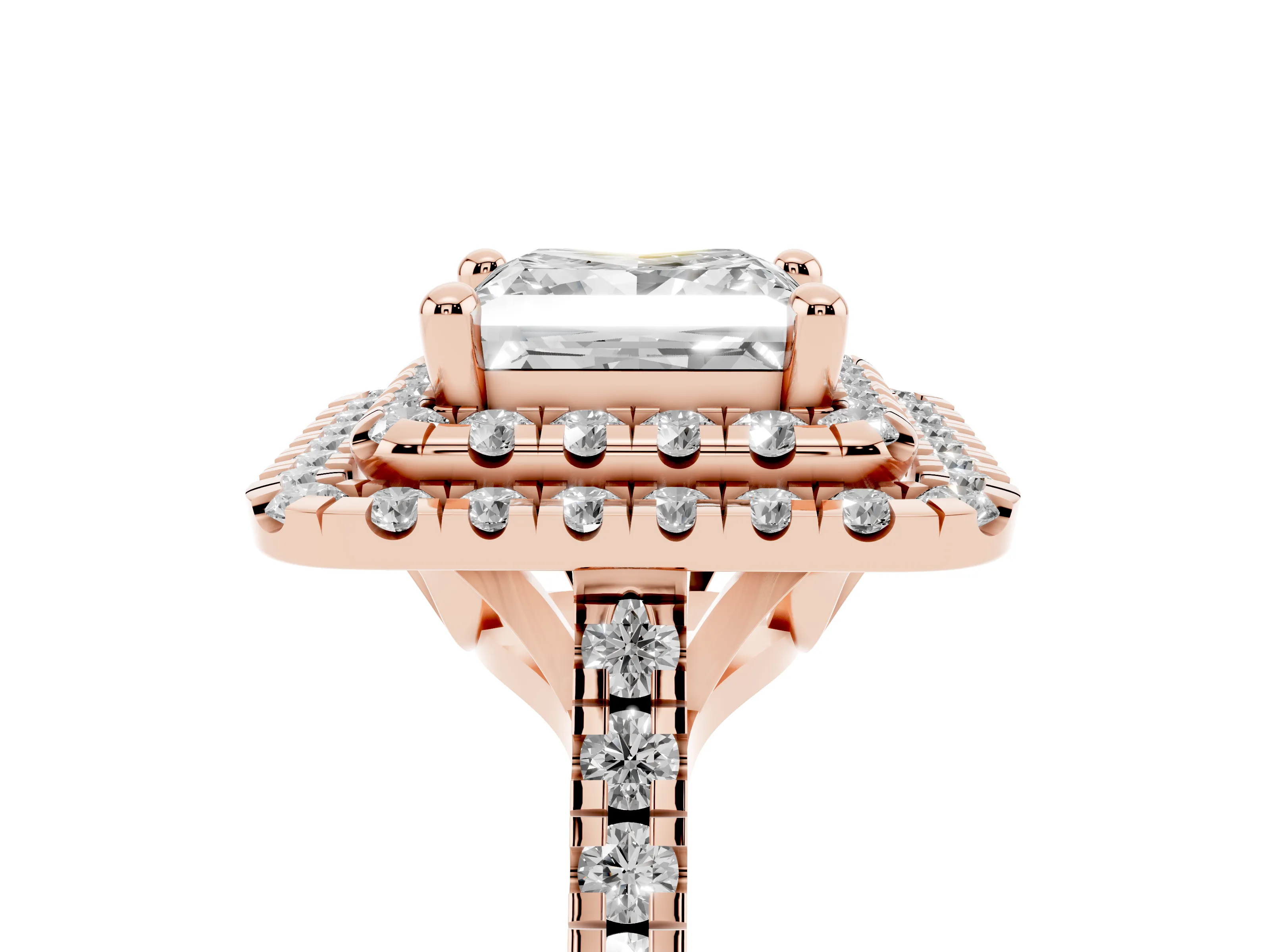 Princess Cut Diamond Double Halo Statement Ring Set in Rose gold with Pavé Band