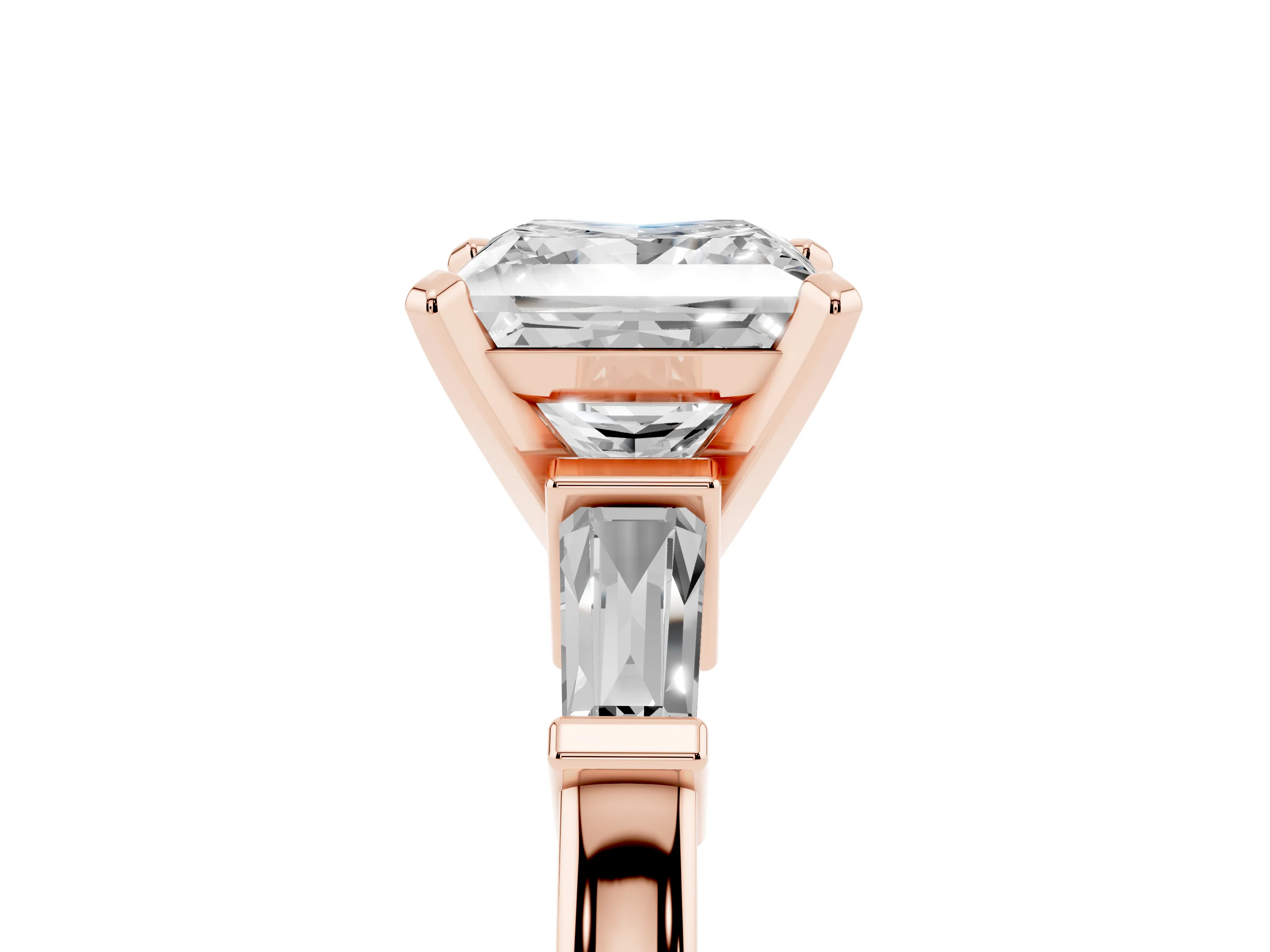 Princess Cut Diamond Solitaire Ring Set in Rose gold with Tapered Baguette Accents and Prong Setting
