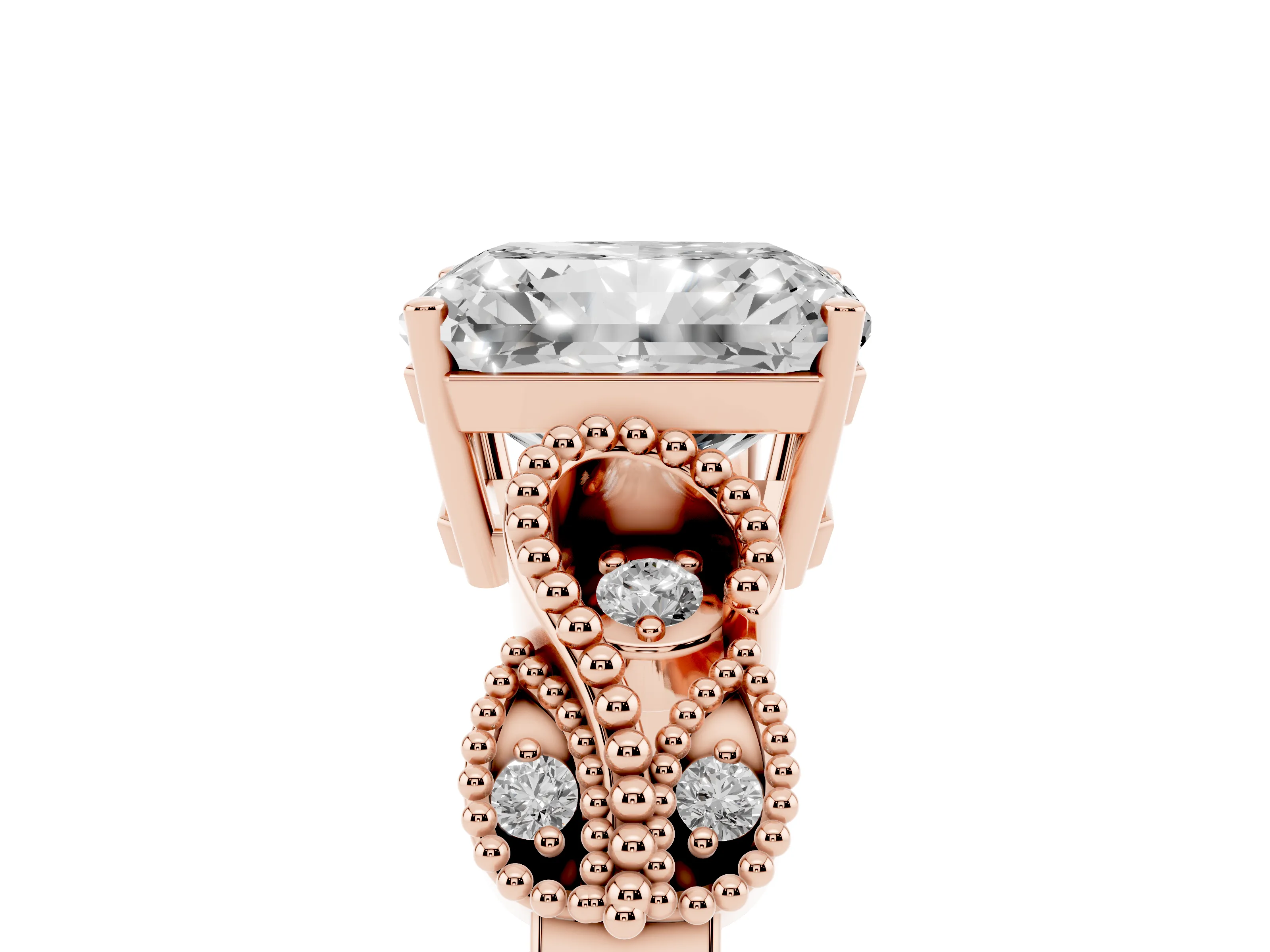 Princess Cut Diamond Milgrain Leaf Band Solitaire Ring Set in Rose gold with Accent Stones and Prong Setting