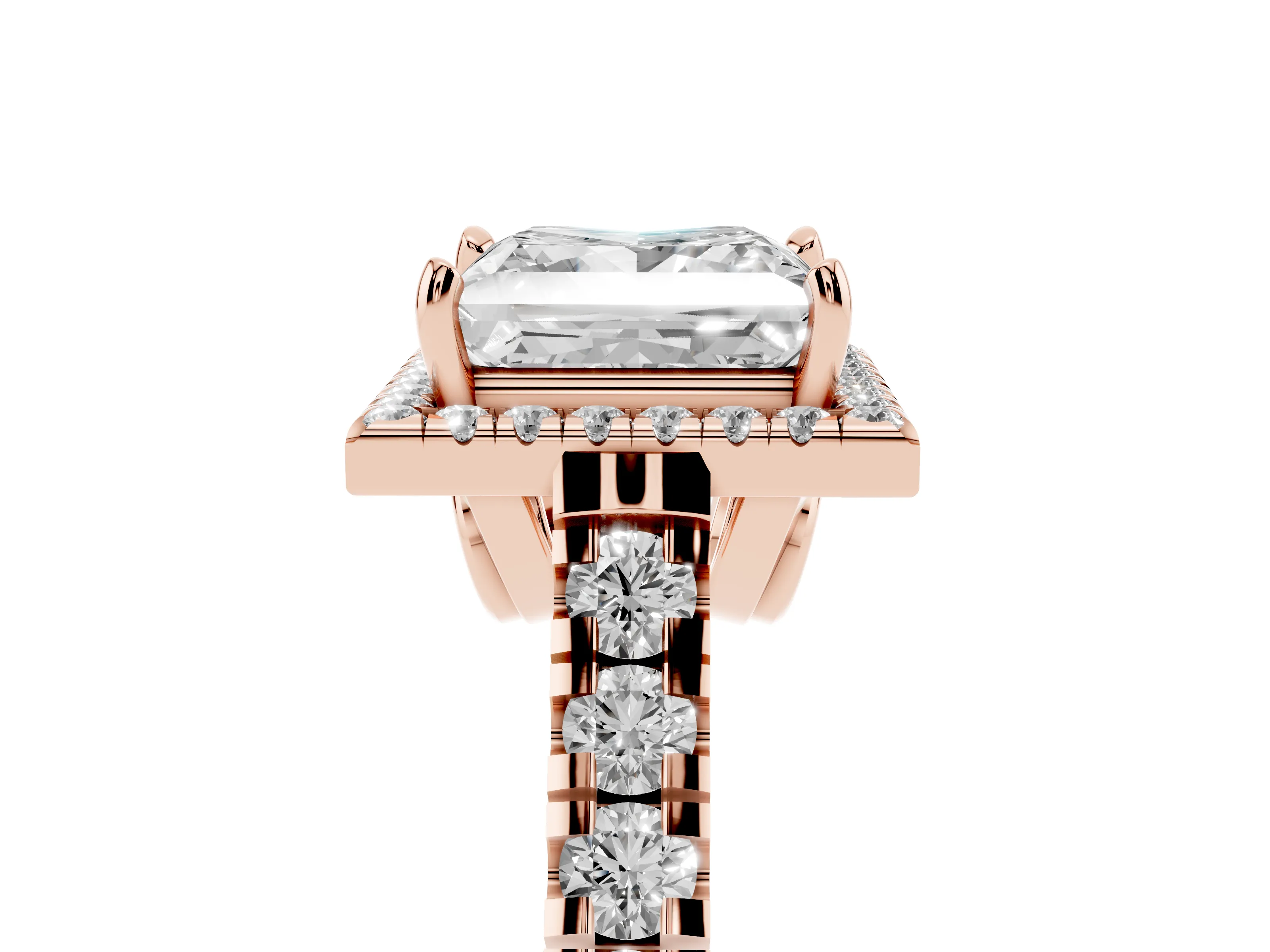 Princess Cut Diamond Halo Engagement Ring Set in Rose gold with Pavé Band and Prong-Set Center