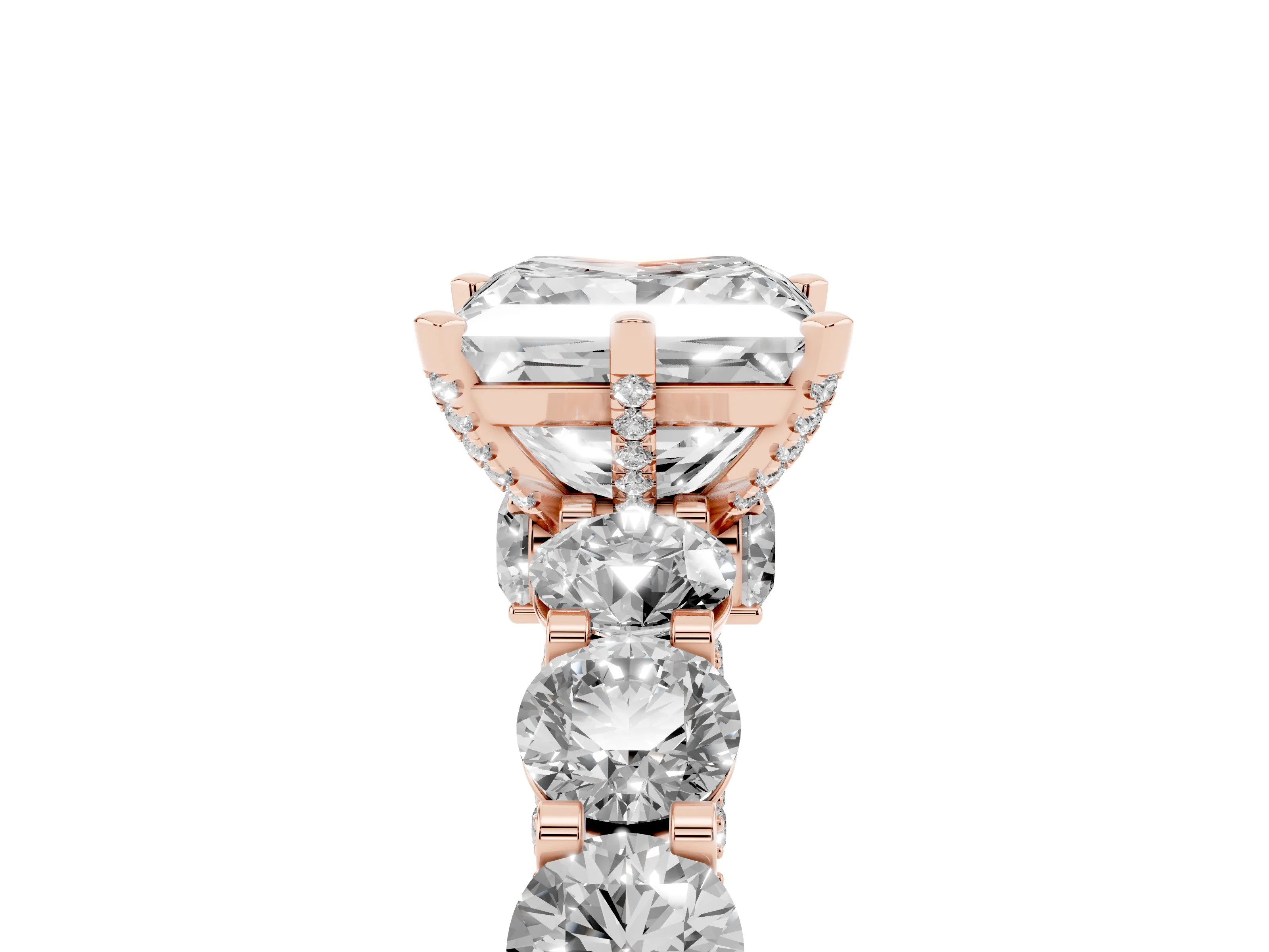 Princess Cut Diamond Side Stone Ring Set in Rose gold with Alternating Round and Oval Side Stones