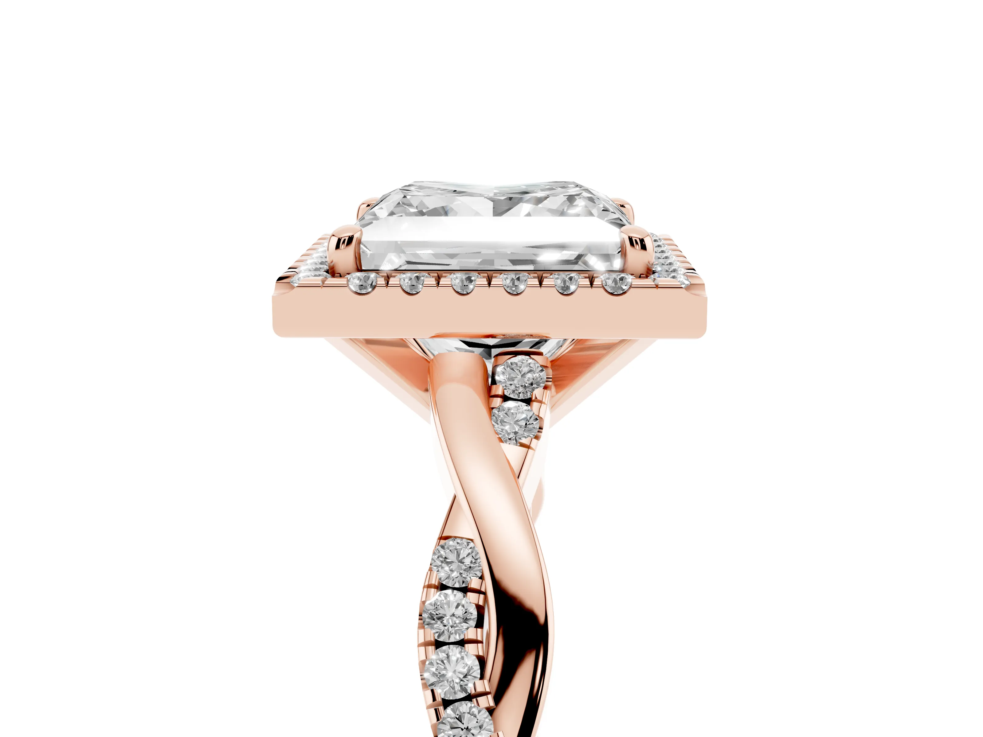 Princess Cut Diamond Halo Twisted Band Ring Set in Rose gold with Prong Setting