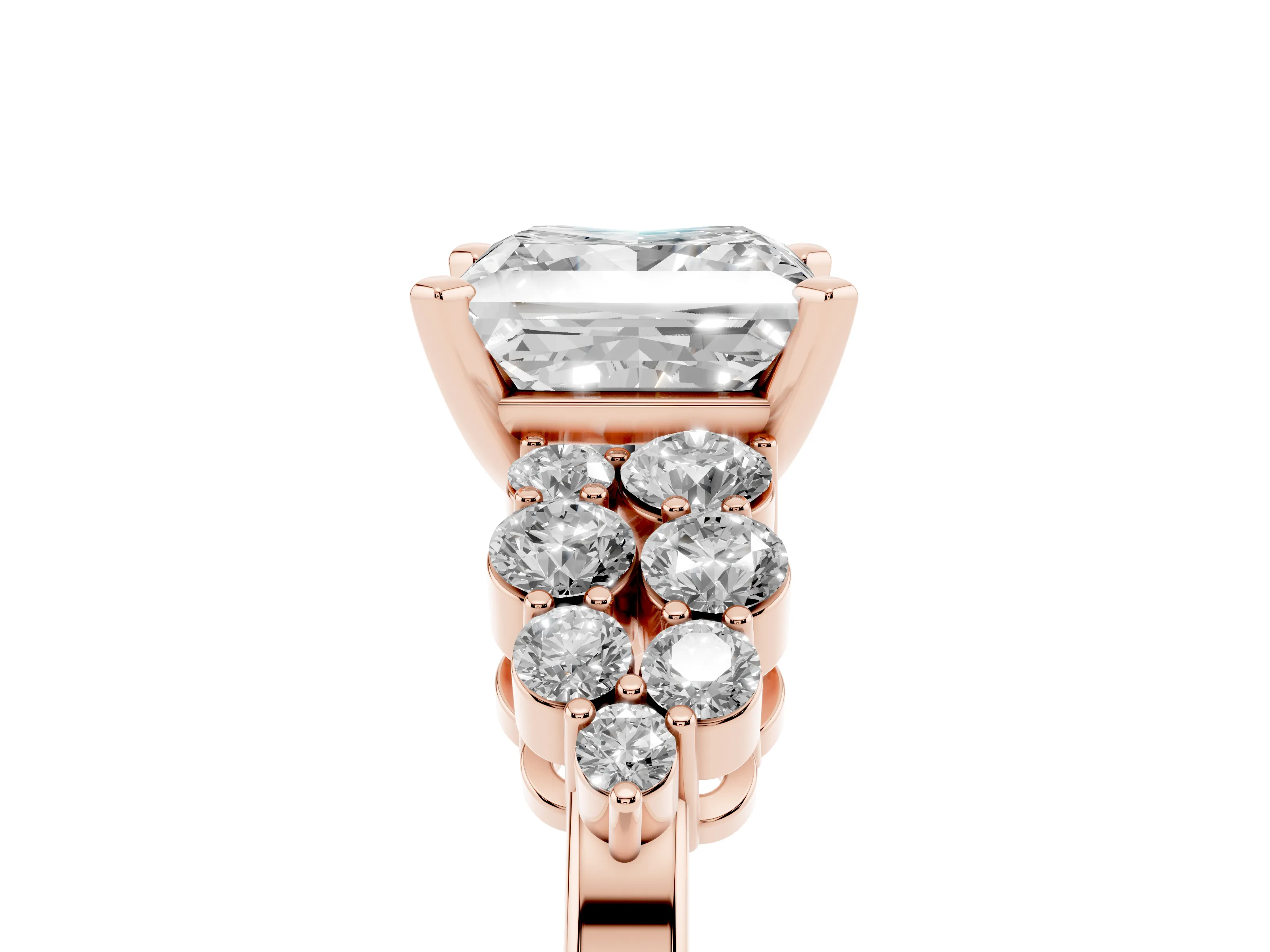 Princess Cut Diamond Cluster Engagement Ring Set in Rose gold with Pavé Band and Prong Setting