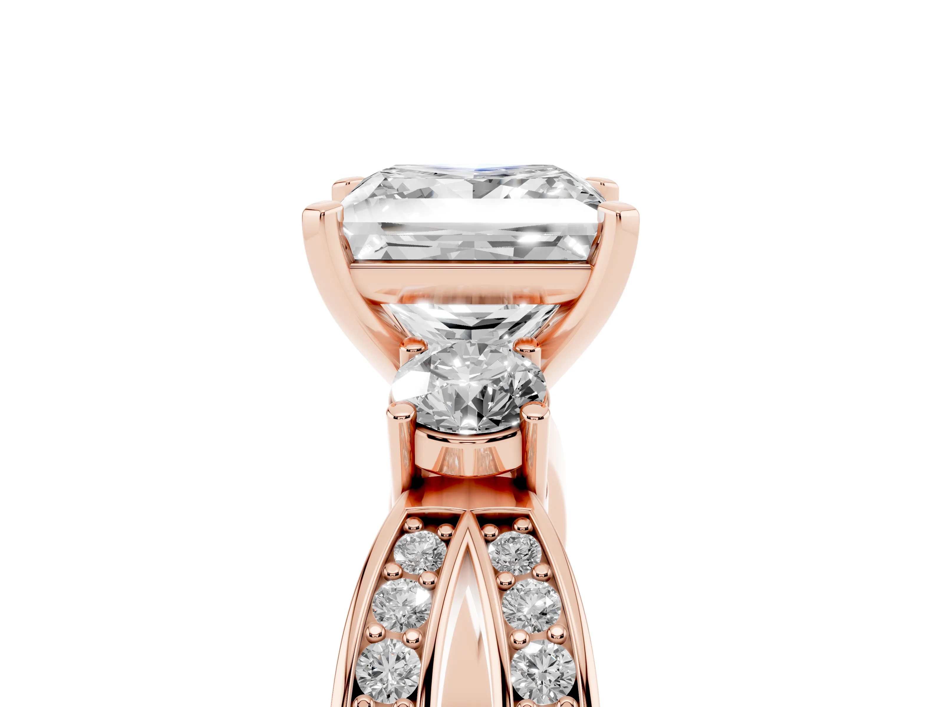 Three-Stone Princess Cut Diamond Twist Band Ring Set in Rose gold with Pavé Accents and Prong Setting