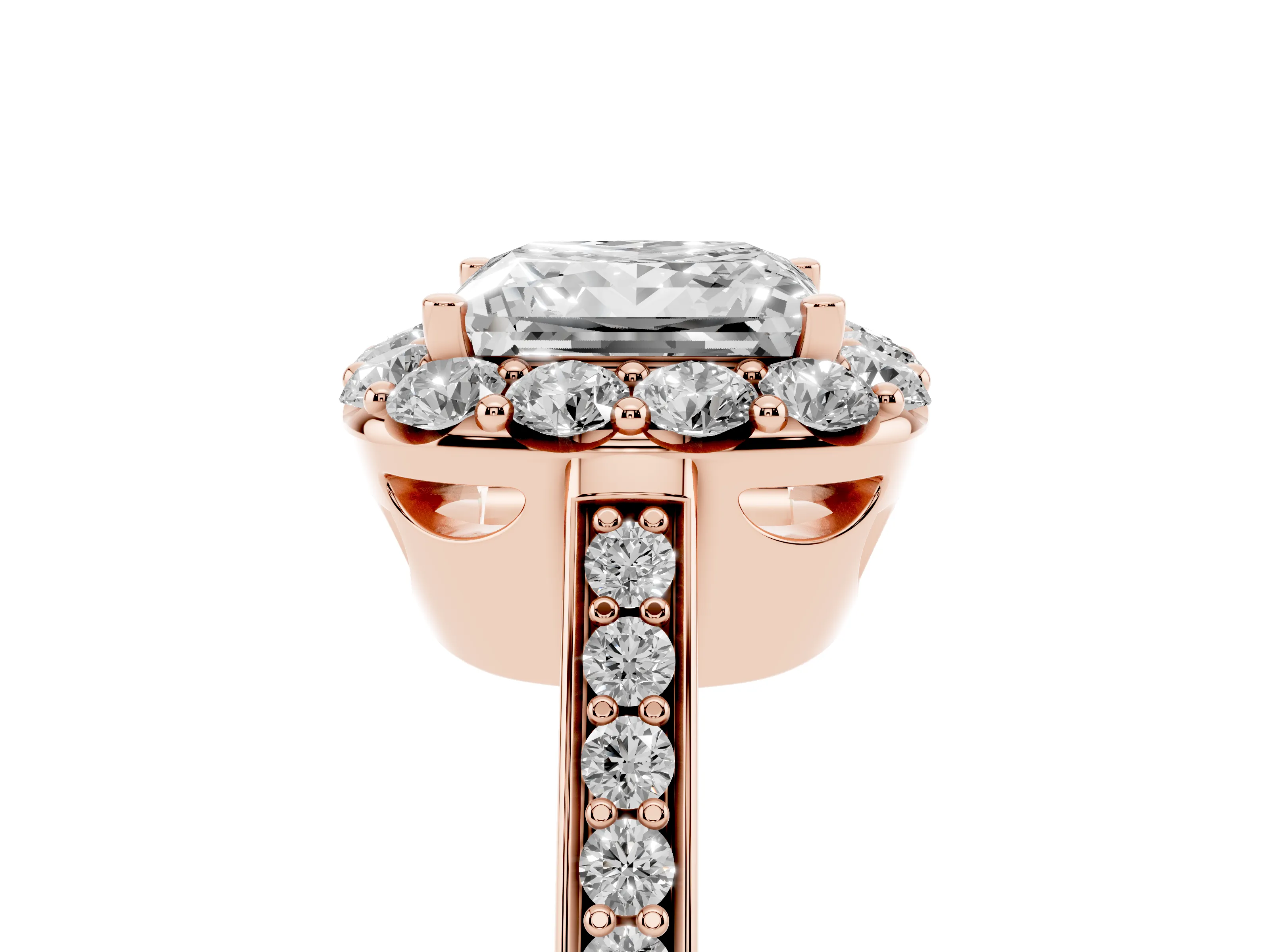 Princess Cut Diamond Floral Halo Ring Set in Rose gold with Pavé Band and Prong Setting