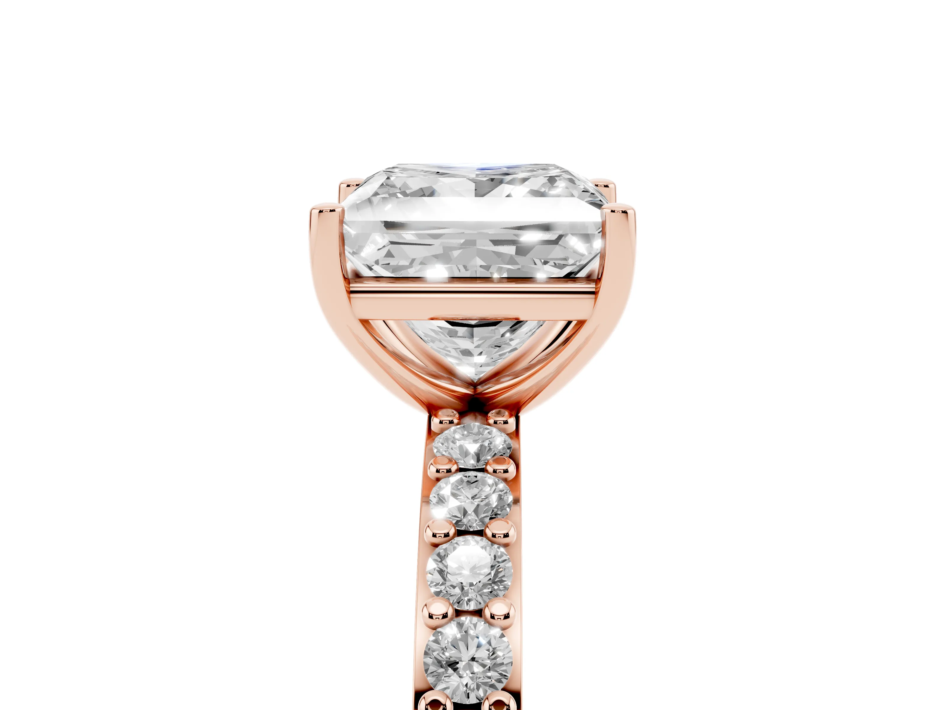 Princess Cut Diamond Solitaire Set in Rose gold with Round Pavé Band and Prong Setting