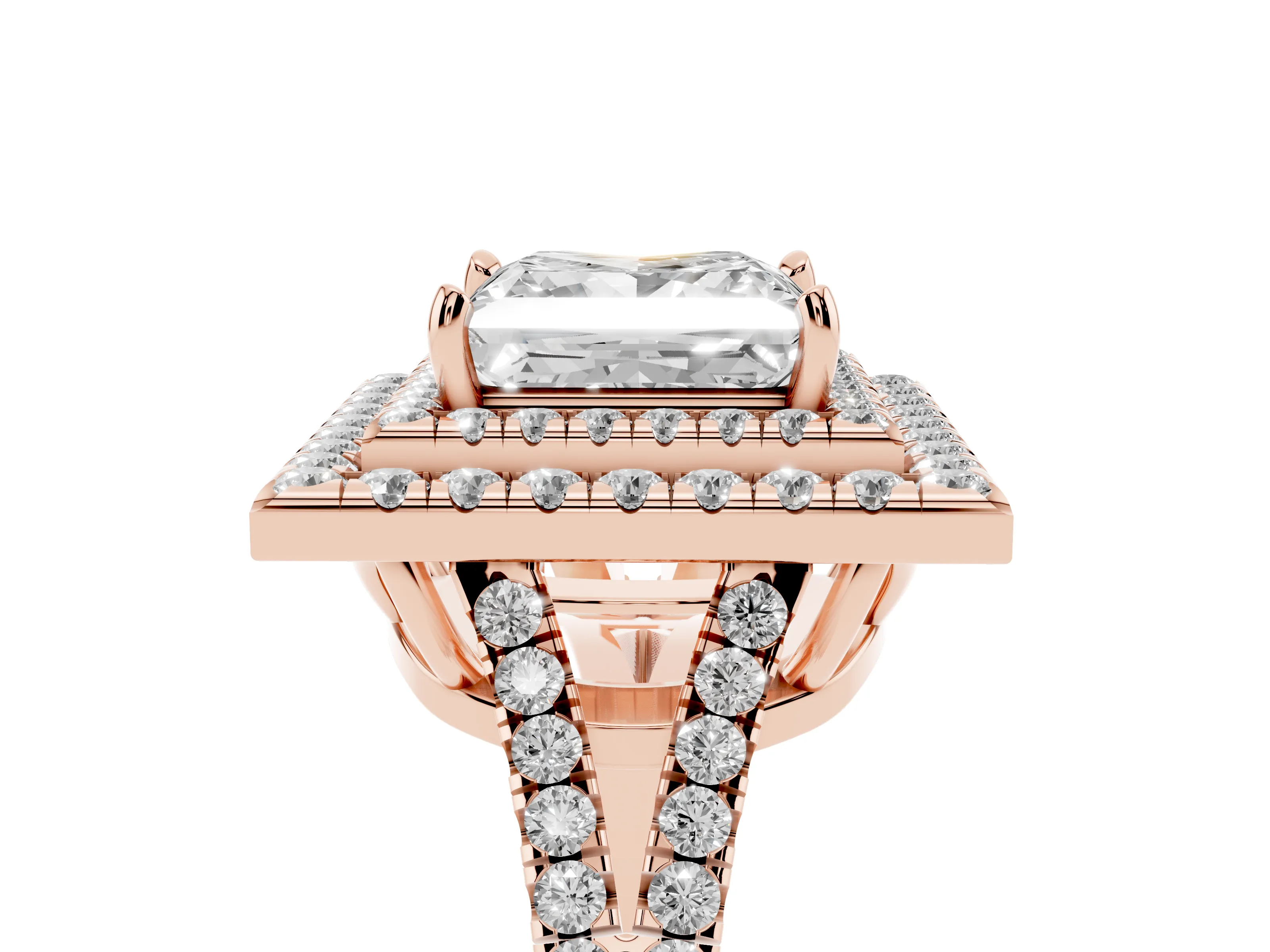 Princess Cut Diamond Double Halo Ring Set in Rose gold with Pavé Band