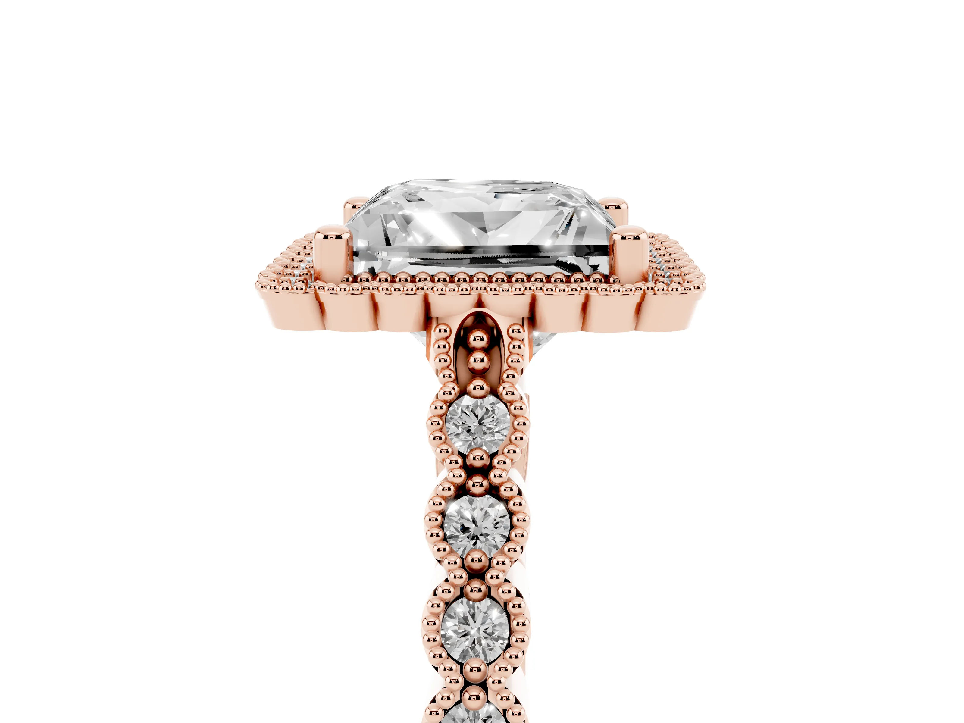 Princess Cut Diamond Halo Ring Set in Rose gold with Pavé Milgrain Band