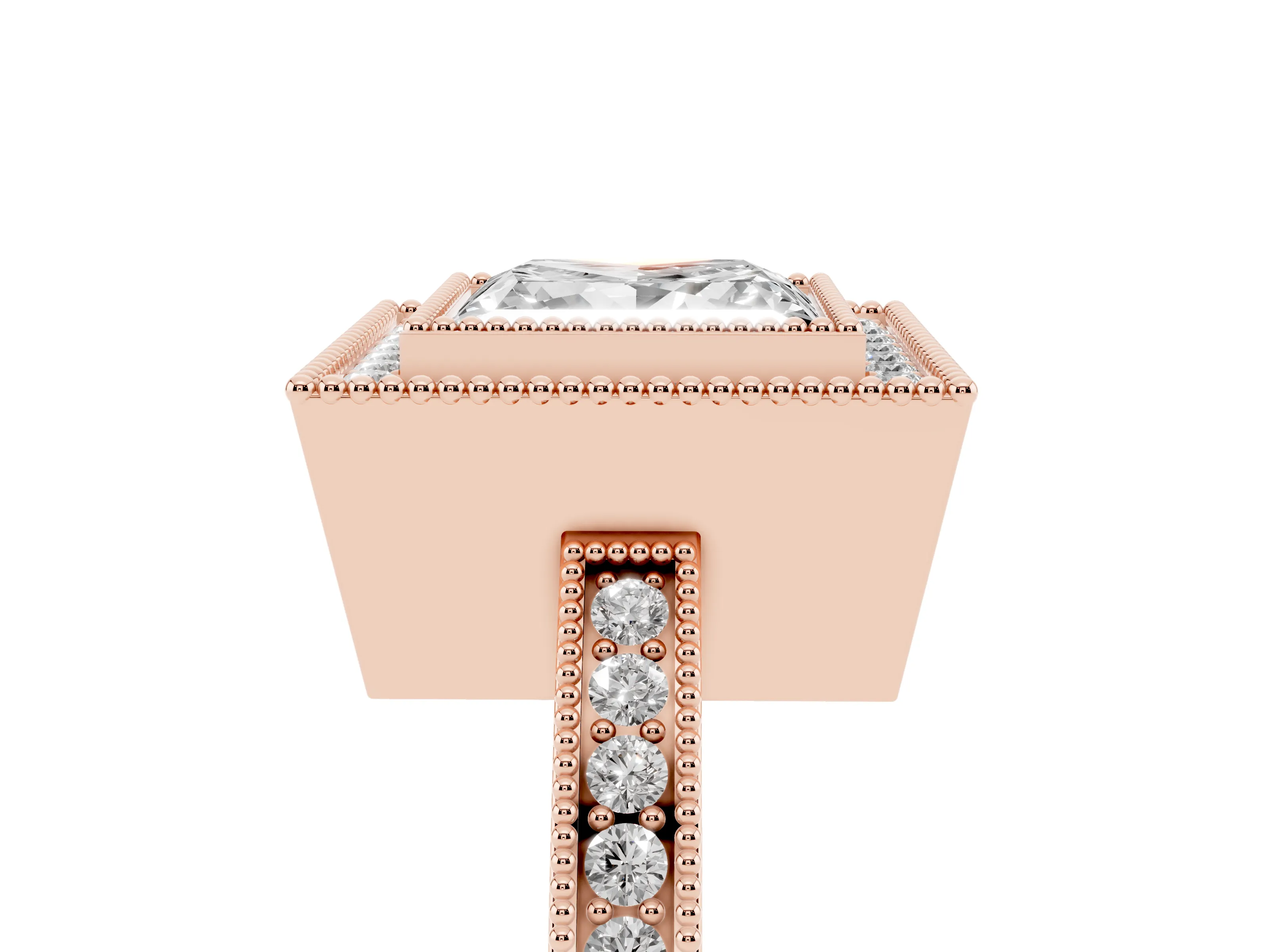 Princess Cut Diamond Halo Ring Set in Rose gold with Pavé Band and Milgrain-Edged Prongs
