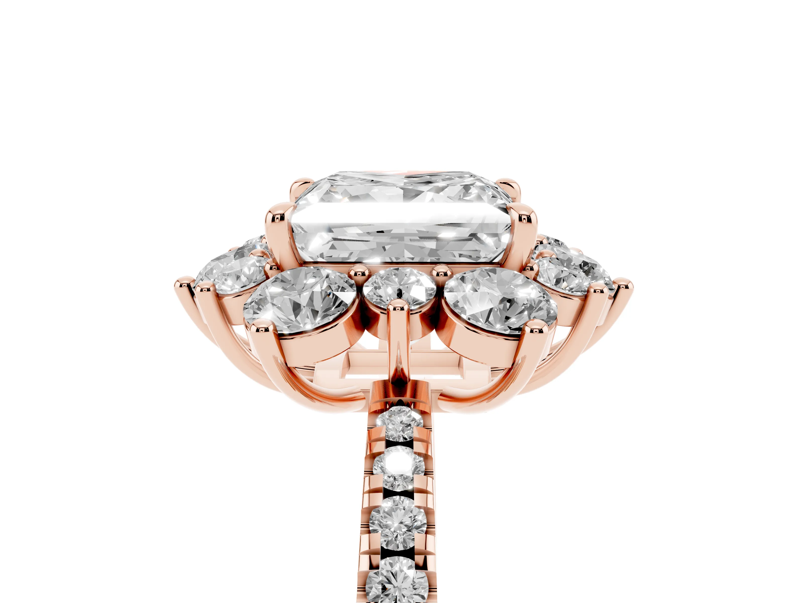 Princess Cut Diamond Floral Halo Ring Set in Rose gold with Round Pavé Band and Prong Setting