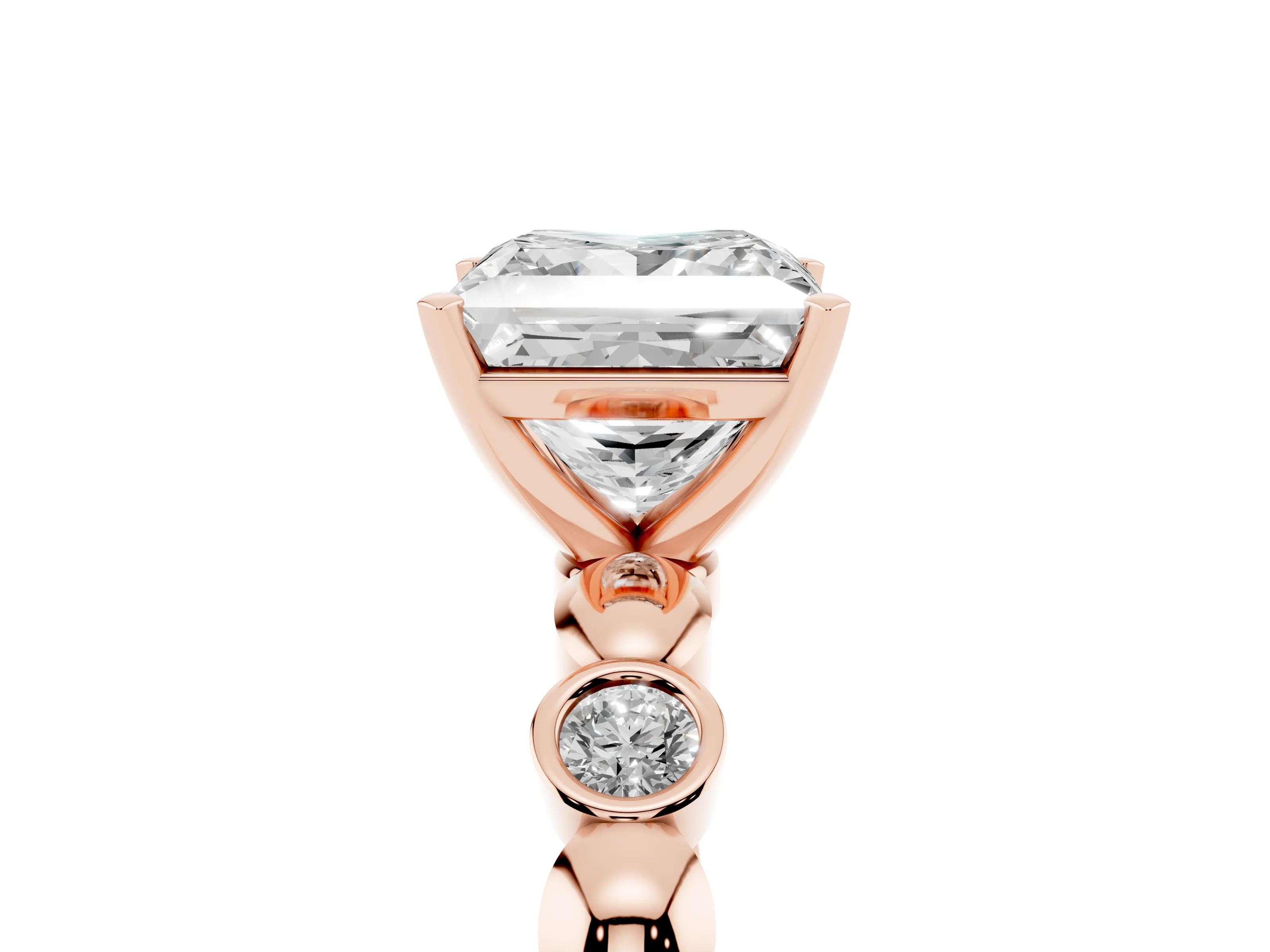 Princess Cut Diamond Solitaire Ring Set in Rose gold with Bezel-Set Accents on Beaded Band and Prong Setting