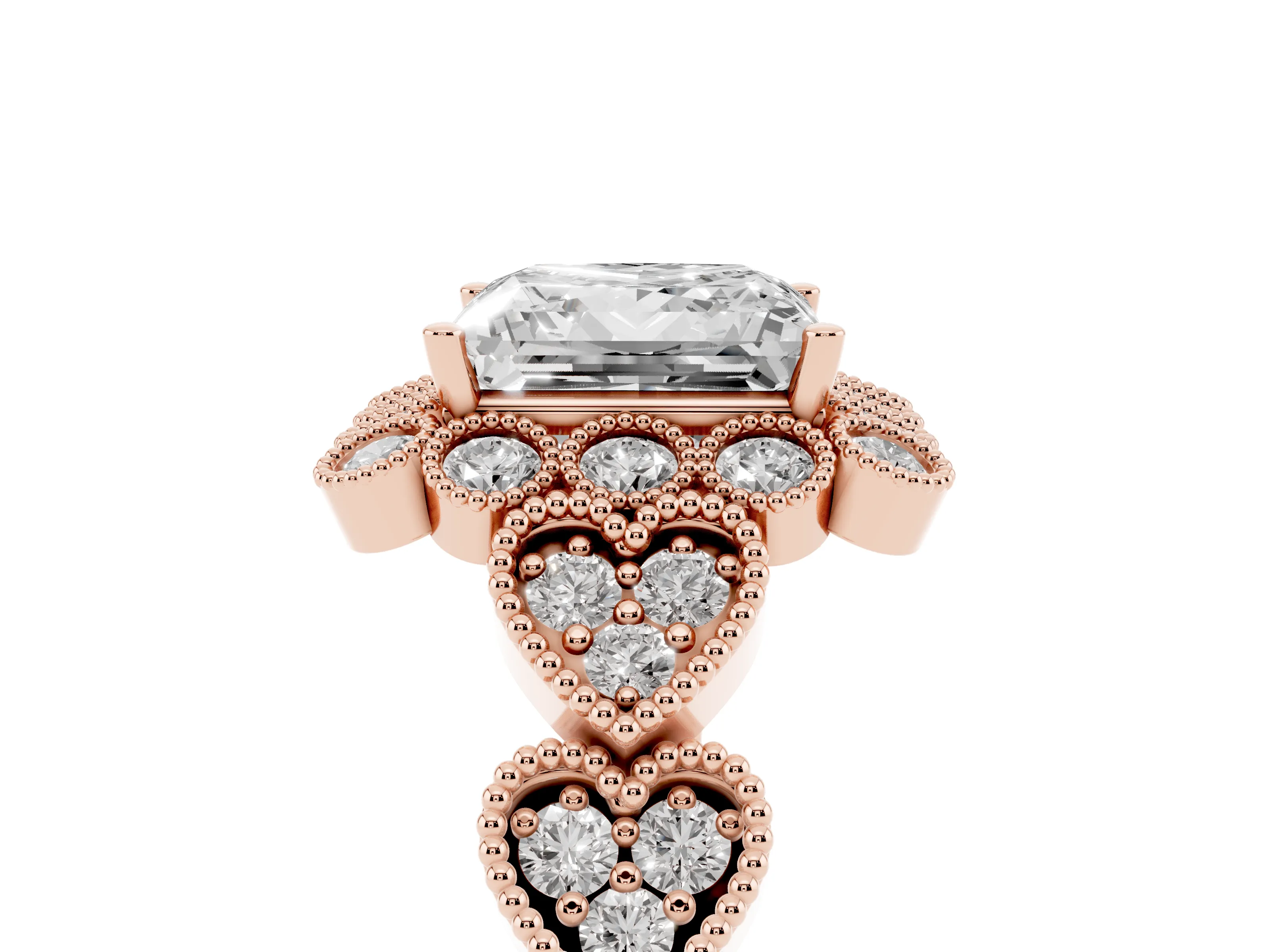 Princess Cut Diamond Solitaire Ring Set in Rose gold with Milgrain Pavé Heart Band