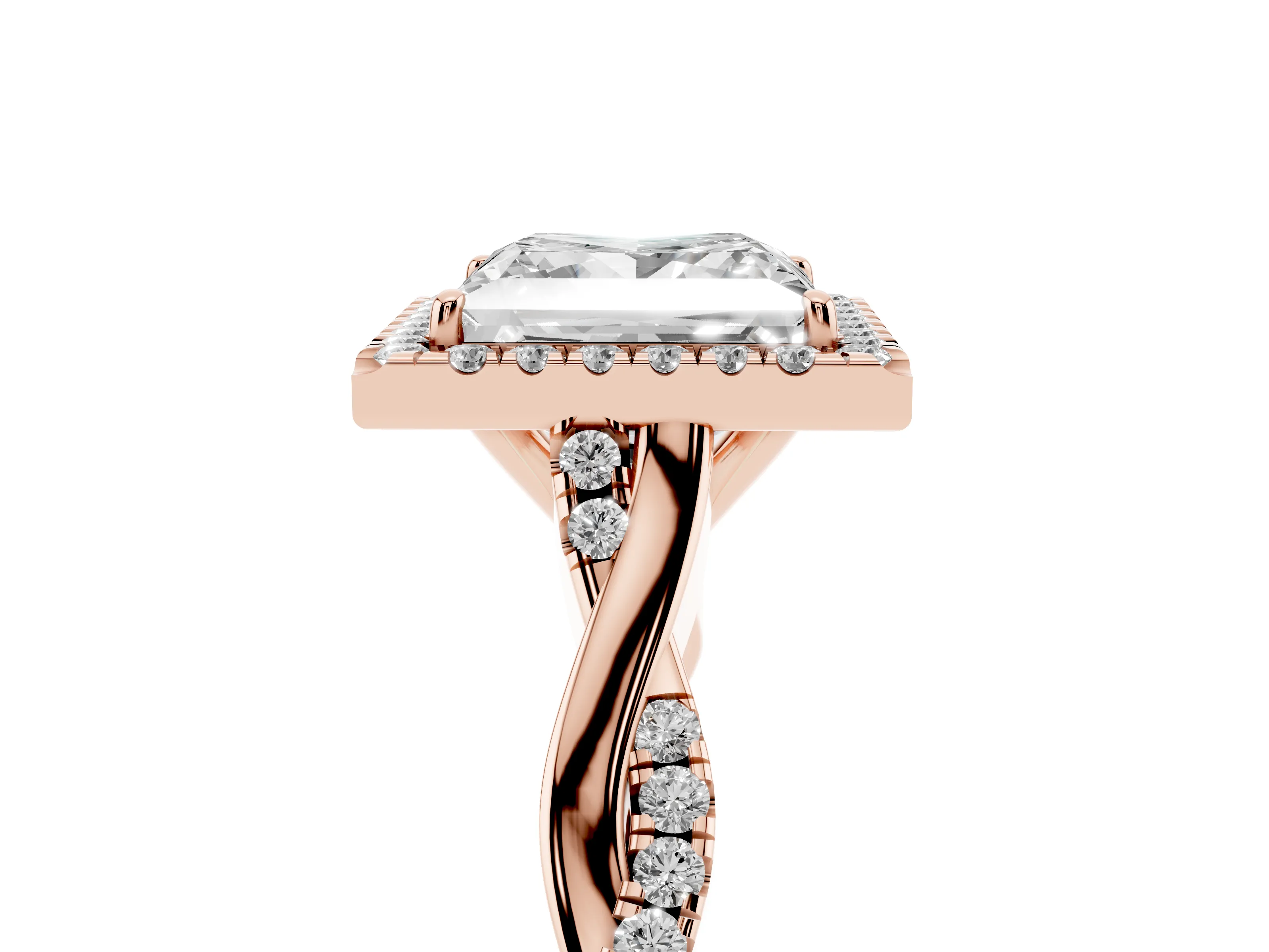 Princess Cut Diamond Halo Twist Band Solitaire Ring Set in Rose gold with Prong Setting