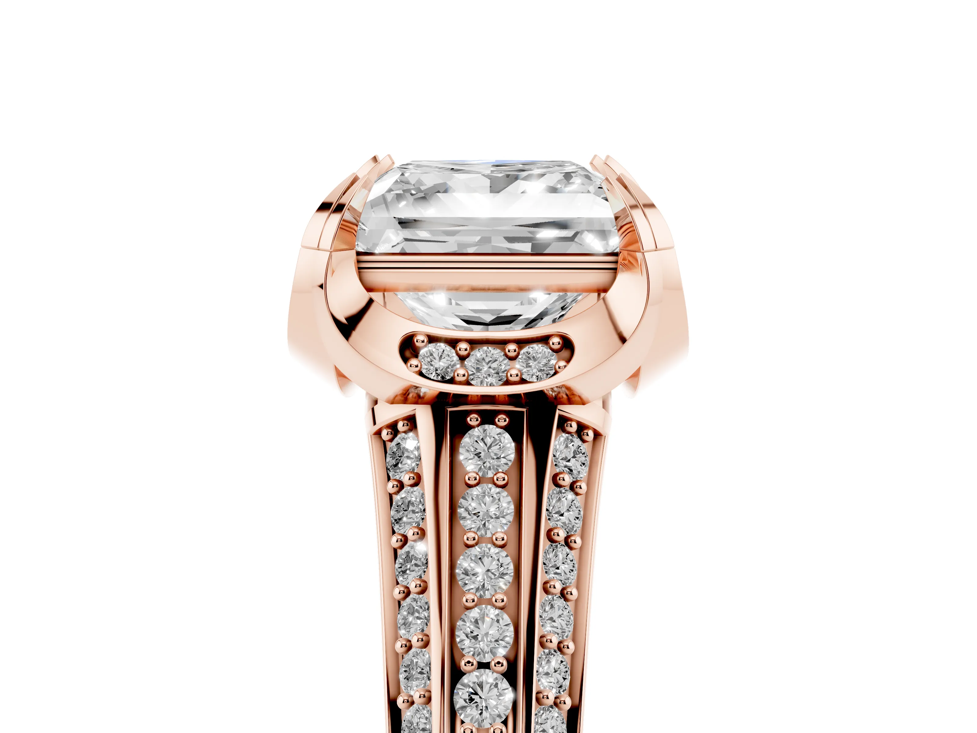 Princess Cut Diamond Pavé Split Shank Solitaire Ring Set in Rose gold with Prong Setting