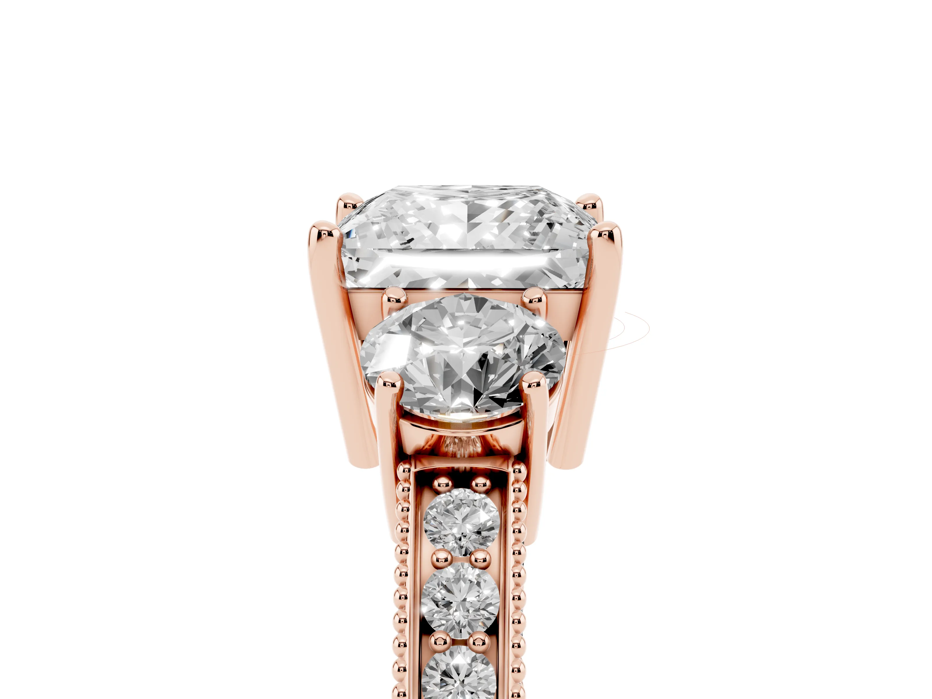 Princess Cut Diamond Three-Stone Ring Set in Rose gold with Round Side Stones and Pavé Band
