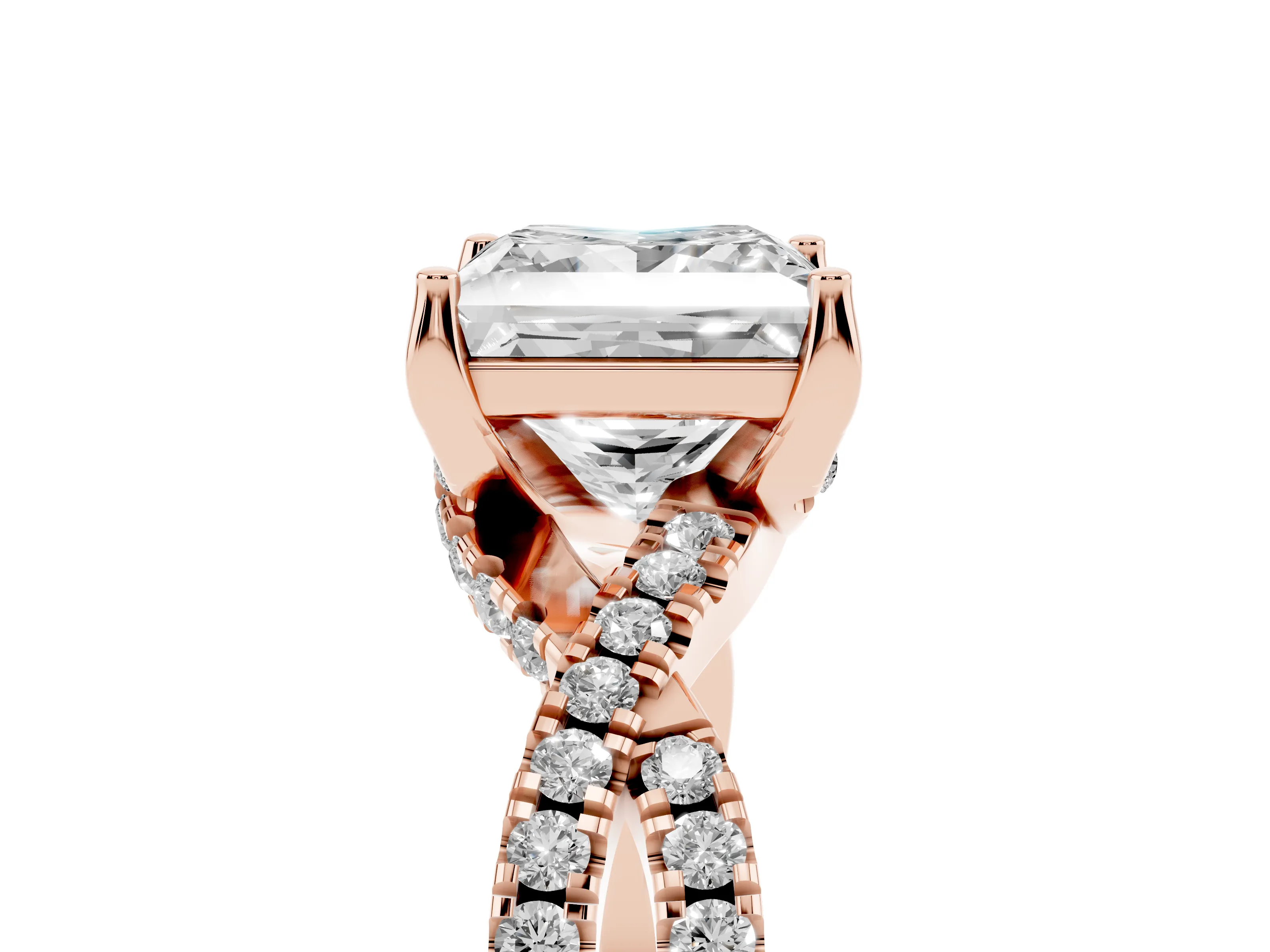 Princess Cut Diamond Twist Pavé Solitaire Engagement Ring Set in Rose gold with Prong Setting