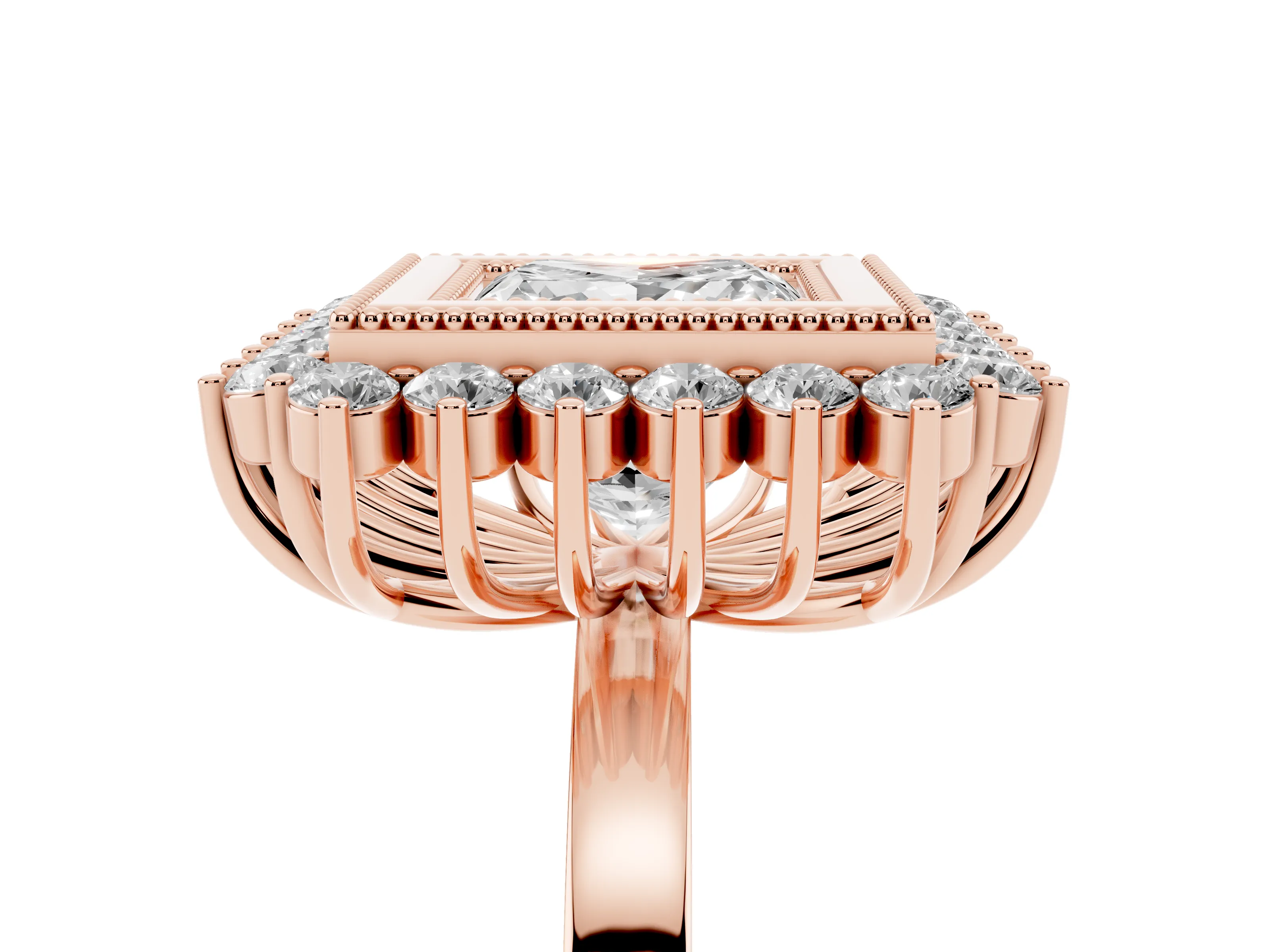 Princess Cut Diamond Halo Ring Set in Rose gold with Milgrain Edge and Round Prong Setting