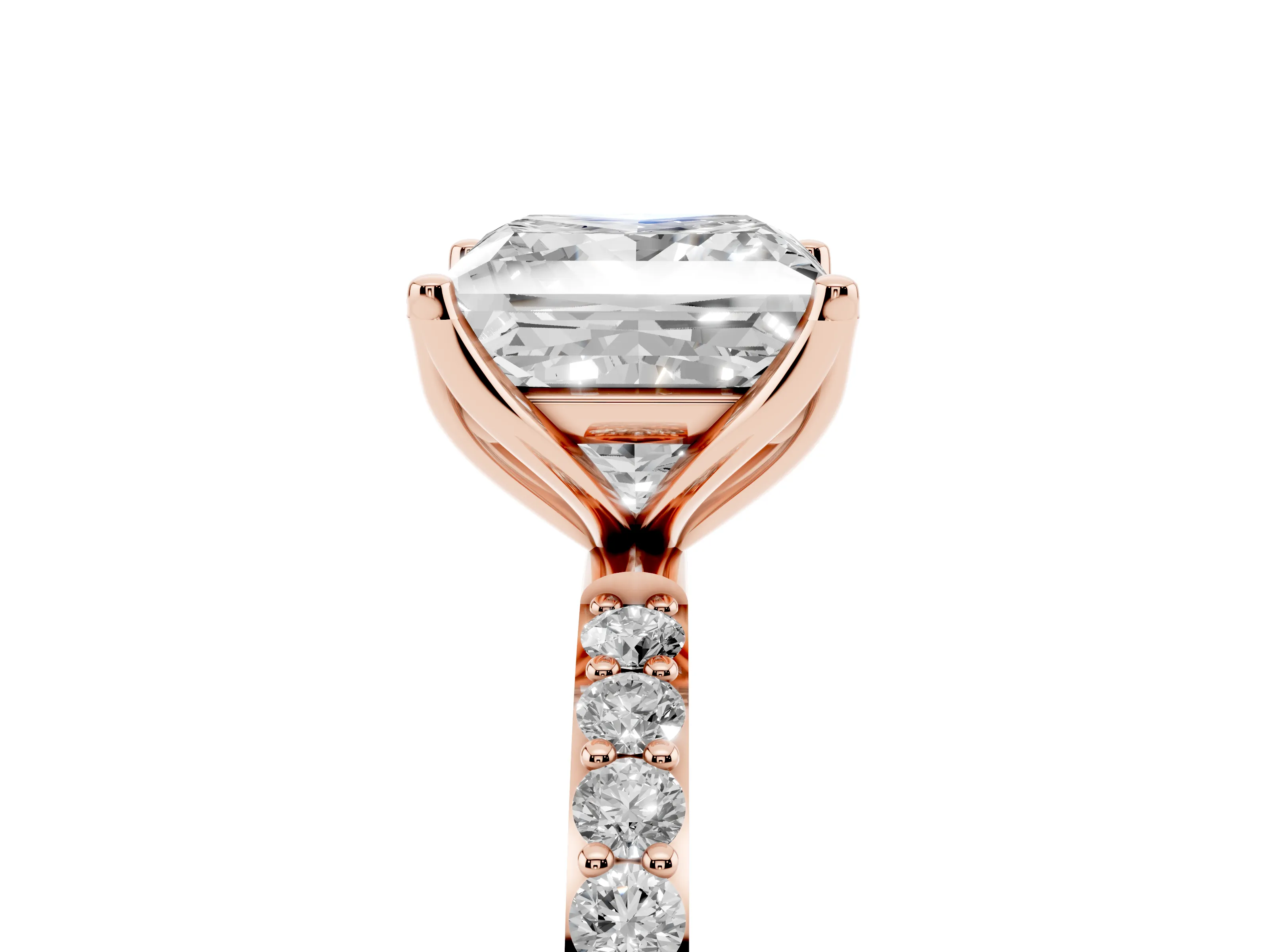 Princess Cut Diamond Solitaire Engagement Ring Set in Rose gold with Round Pavé Band and Prong Setting