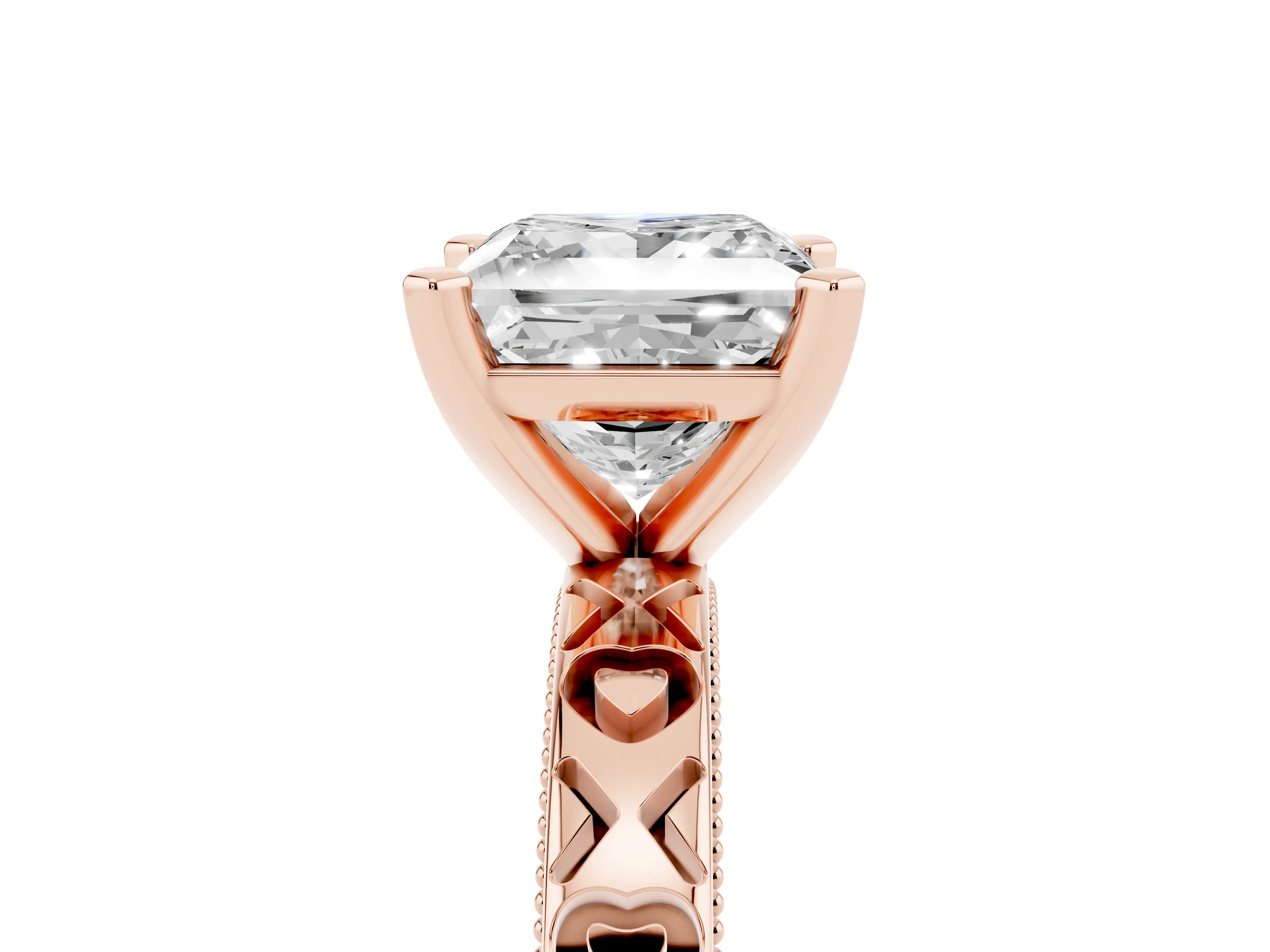 Princess Cut Diamond Solitaire Engagement Ring Set in Rose gold with XO Engraved Band and Prong Setting
