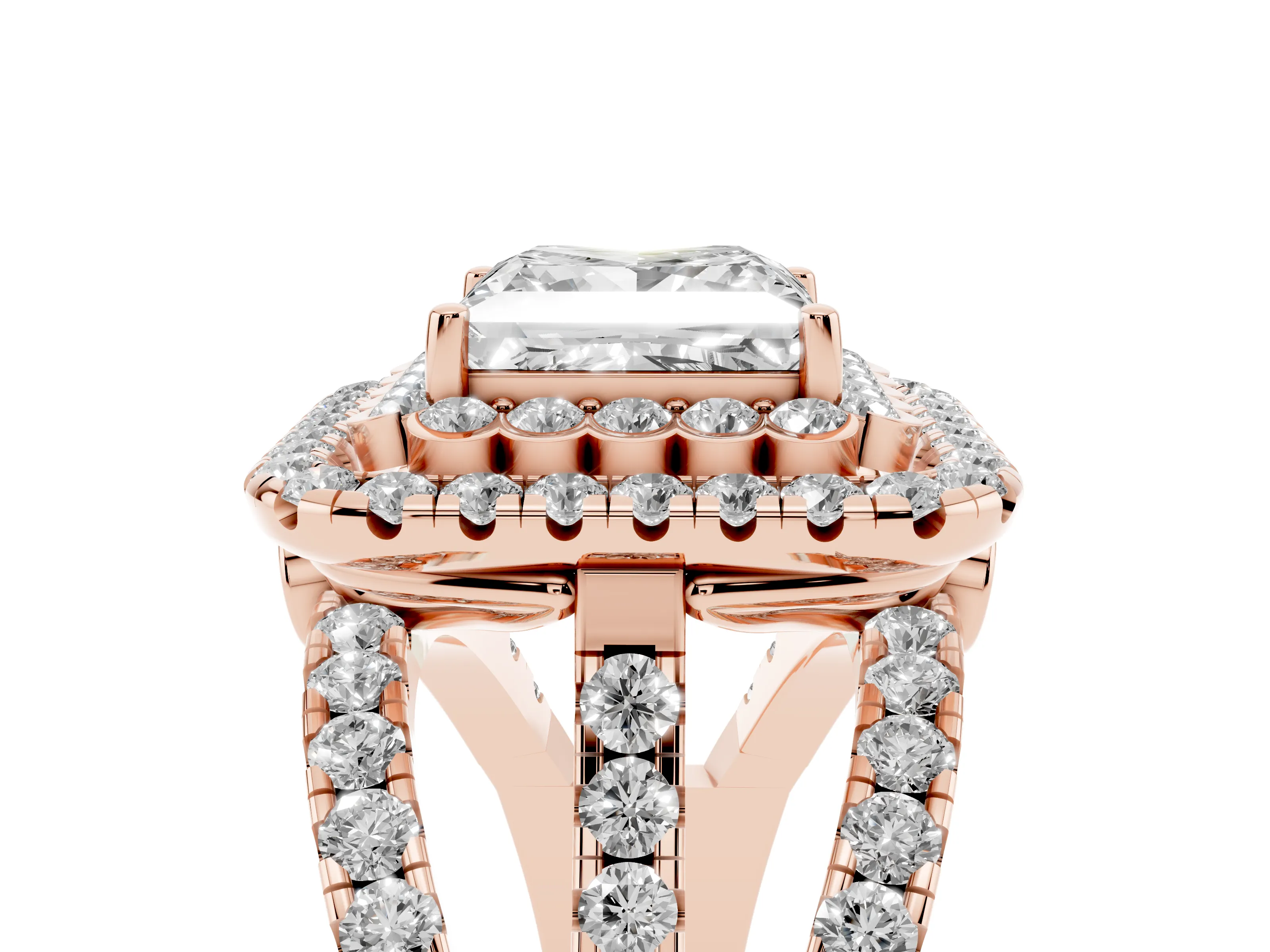 Princess Cut Diamond Double Halo Ring Set in Rose gold with Round Pavé Split Shank