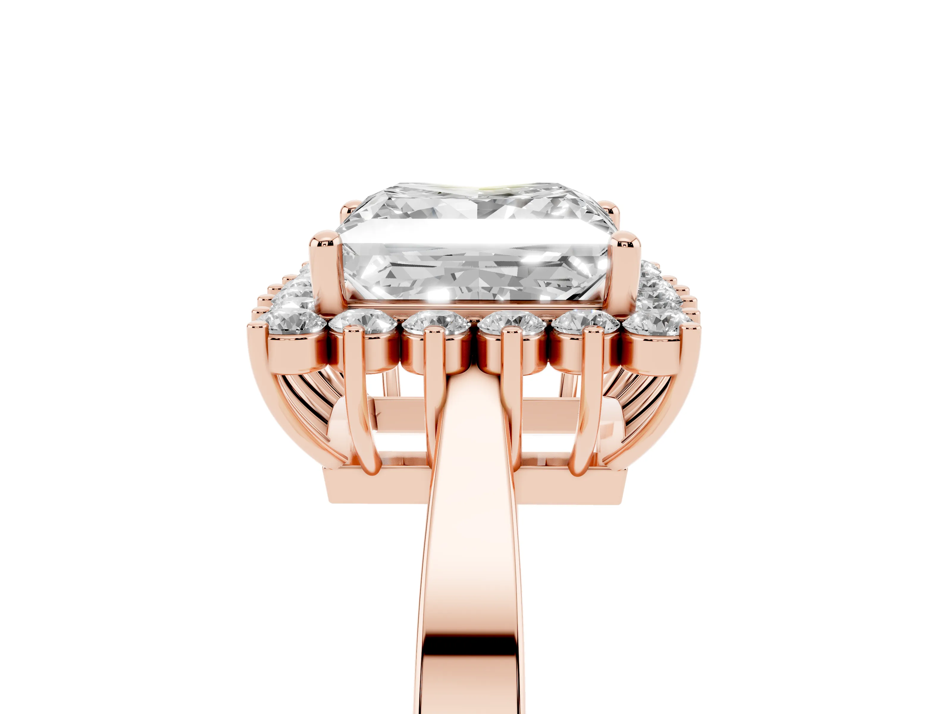 Princess Cut Diamond Halo Ring Set in Rose gold with Round Halo and Smooth Solitaire Band