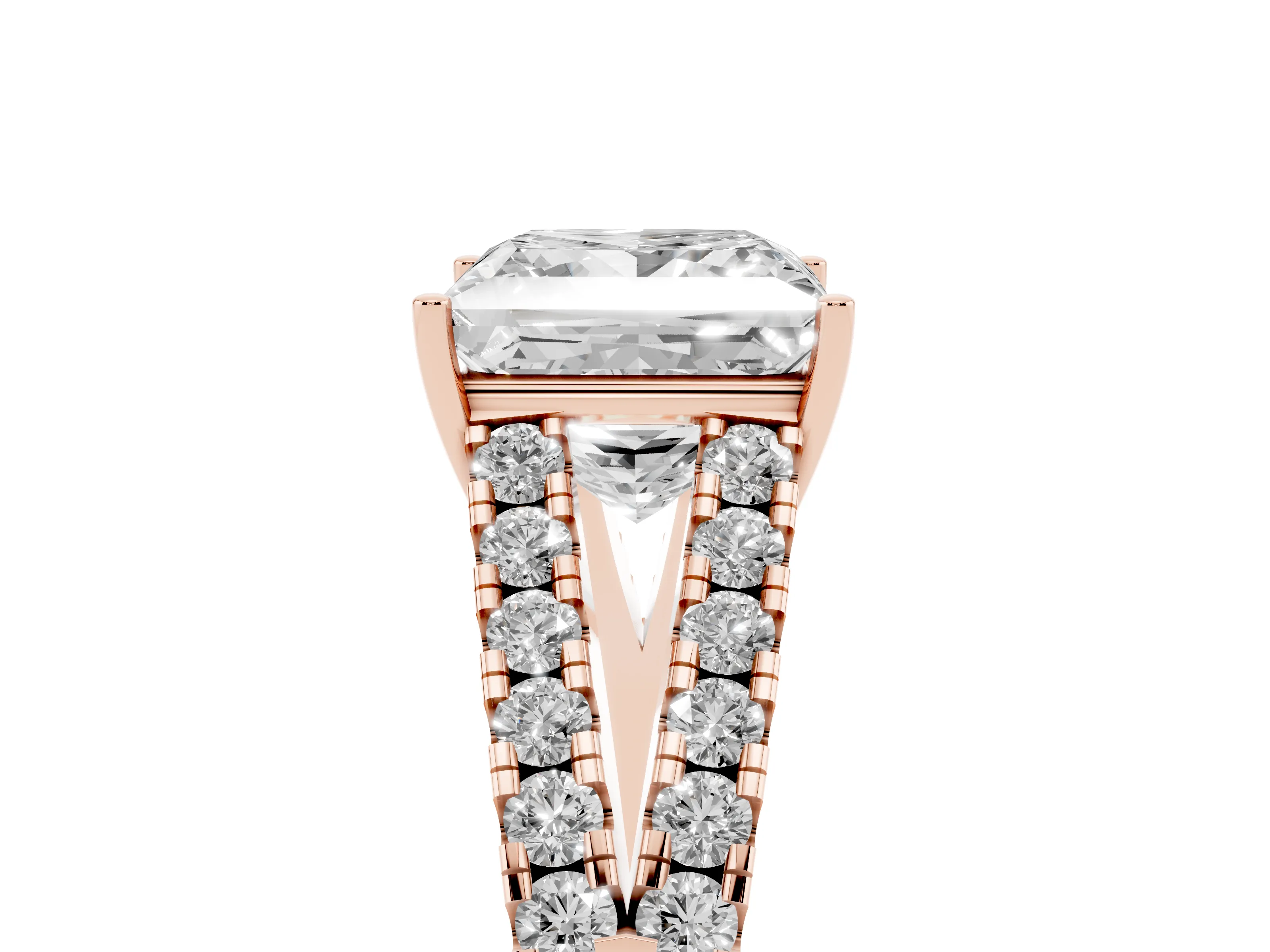 Princess Cut Diamond Split Shank Pavé Engagement Ring Set in Rose gold with Prong-Held Center Stone