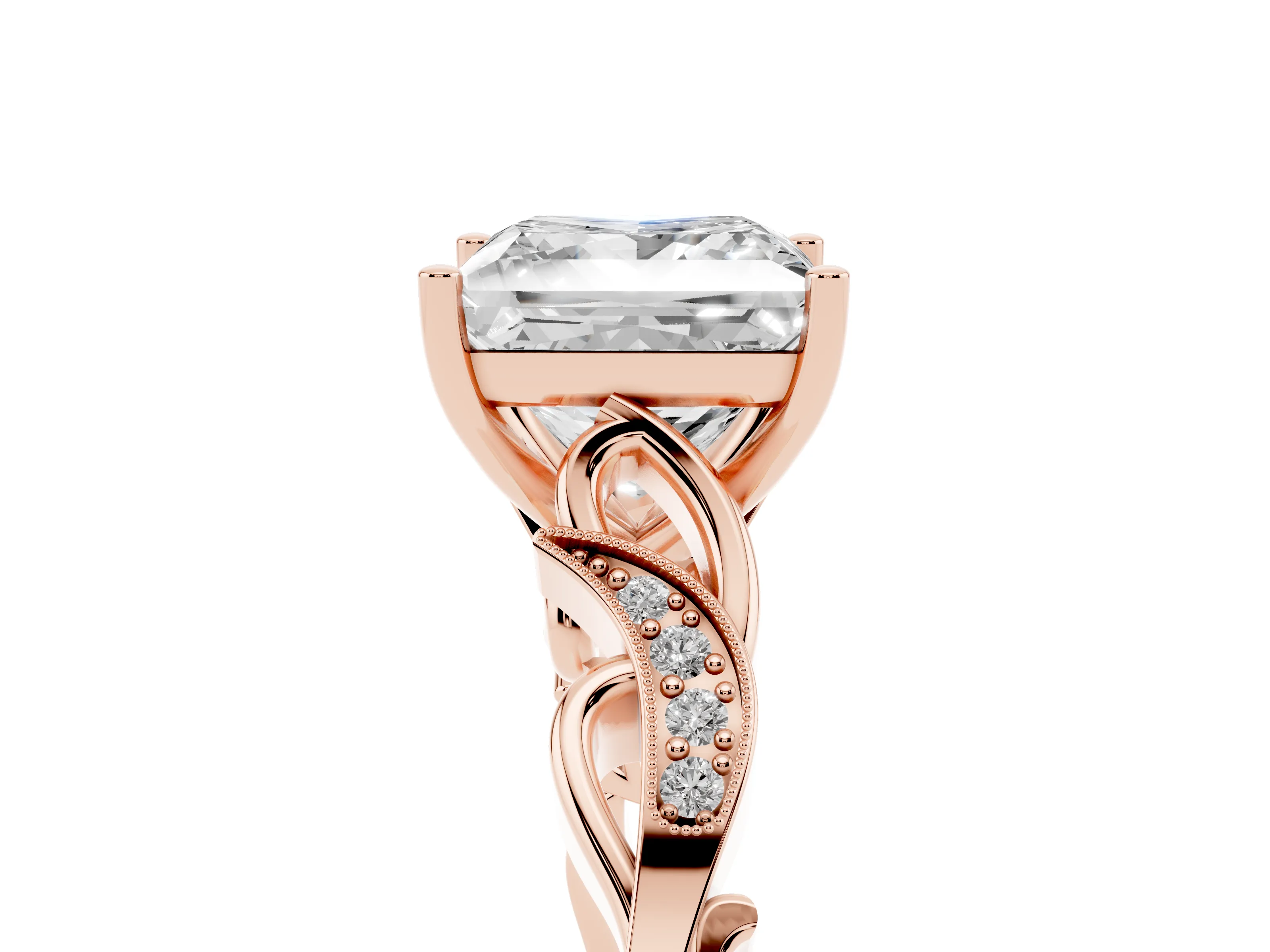 Princess Cut Diamond Vine Band Solitaire Ring Set in Rose gold with Milgrain Prong Setting