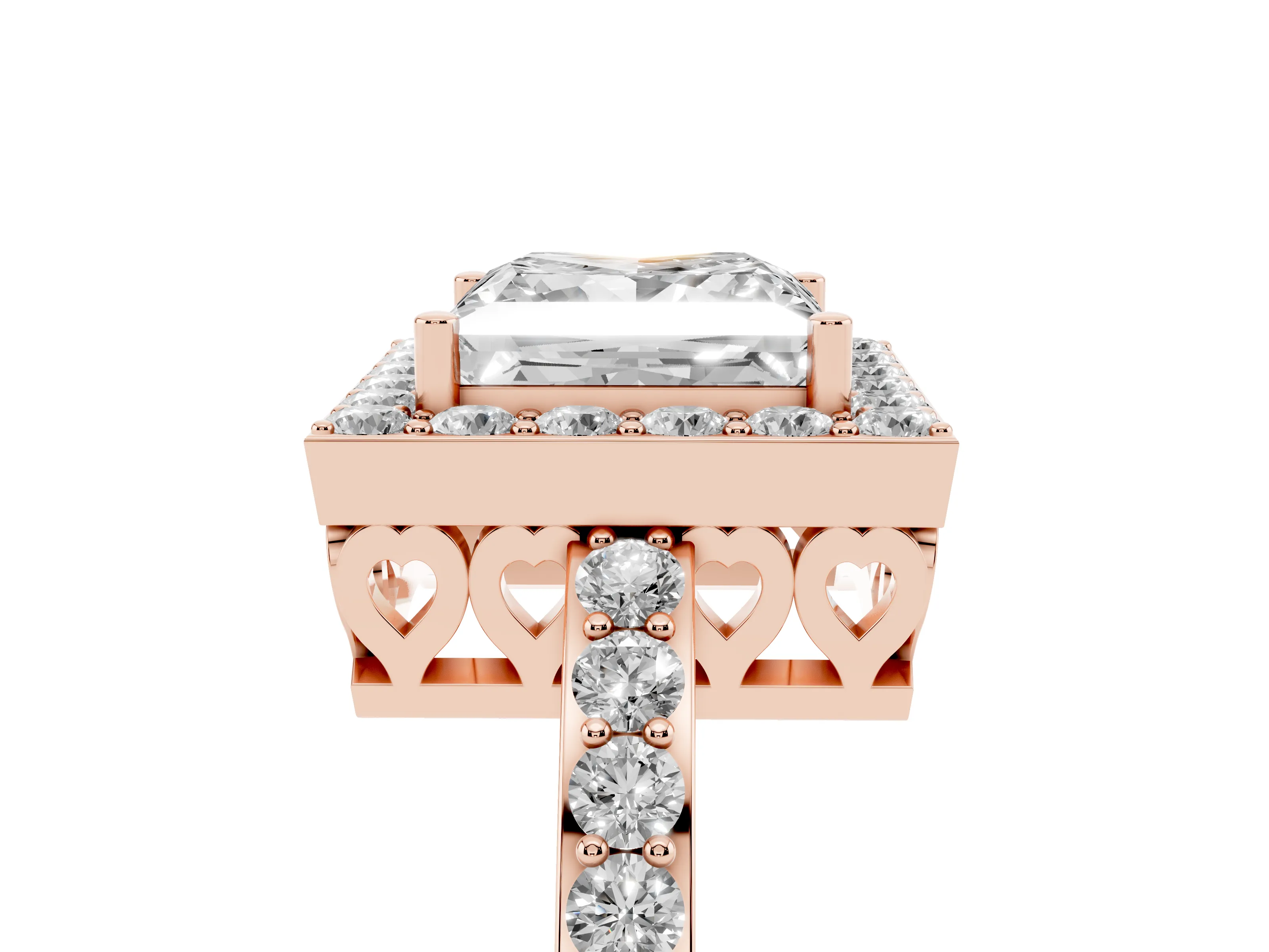 Princess Cut Diamond Halo Ring Set in Rose gold with Pavé-Setting Band and Open Prong Center
