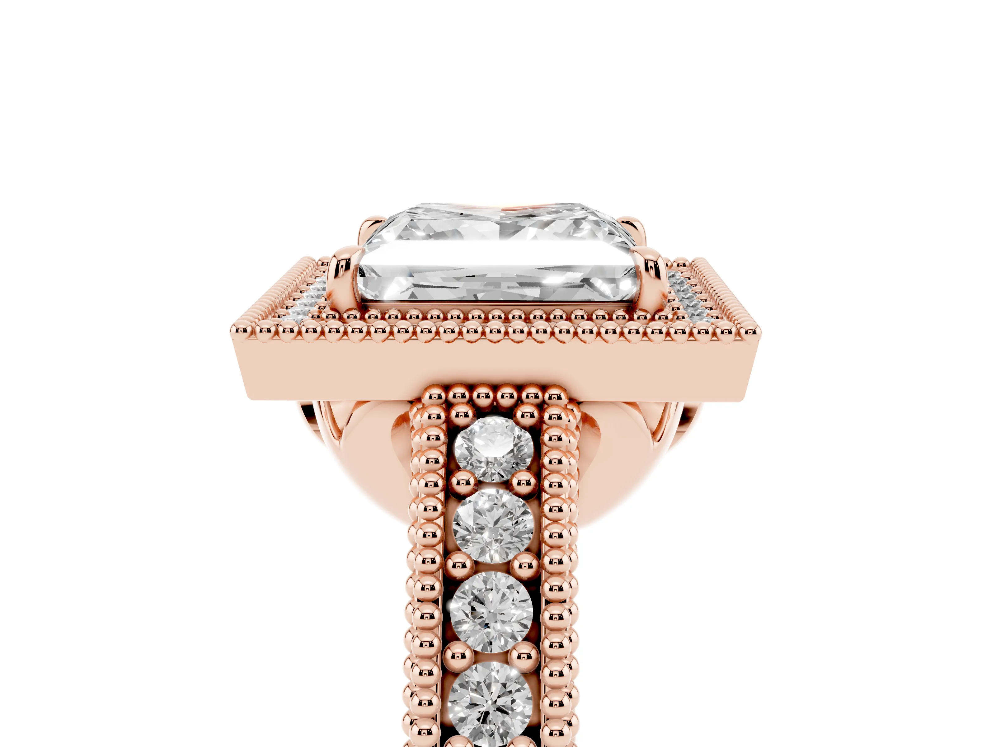 Princess Cut Diamond Halo Ring Set in Rose gold with Round Accent Halo, Pavé Band and Prong Setting