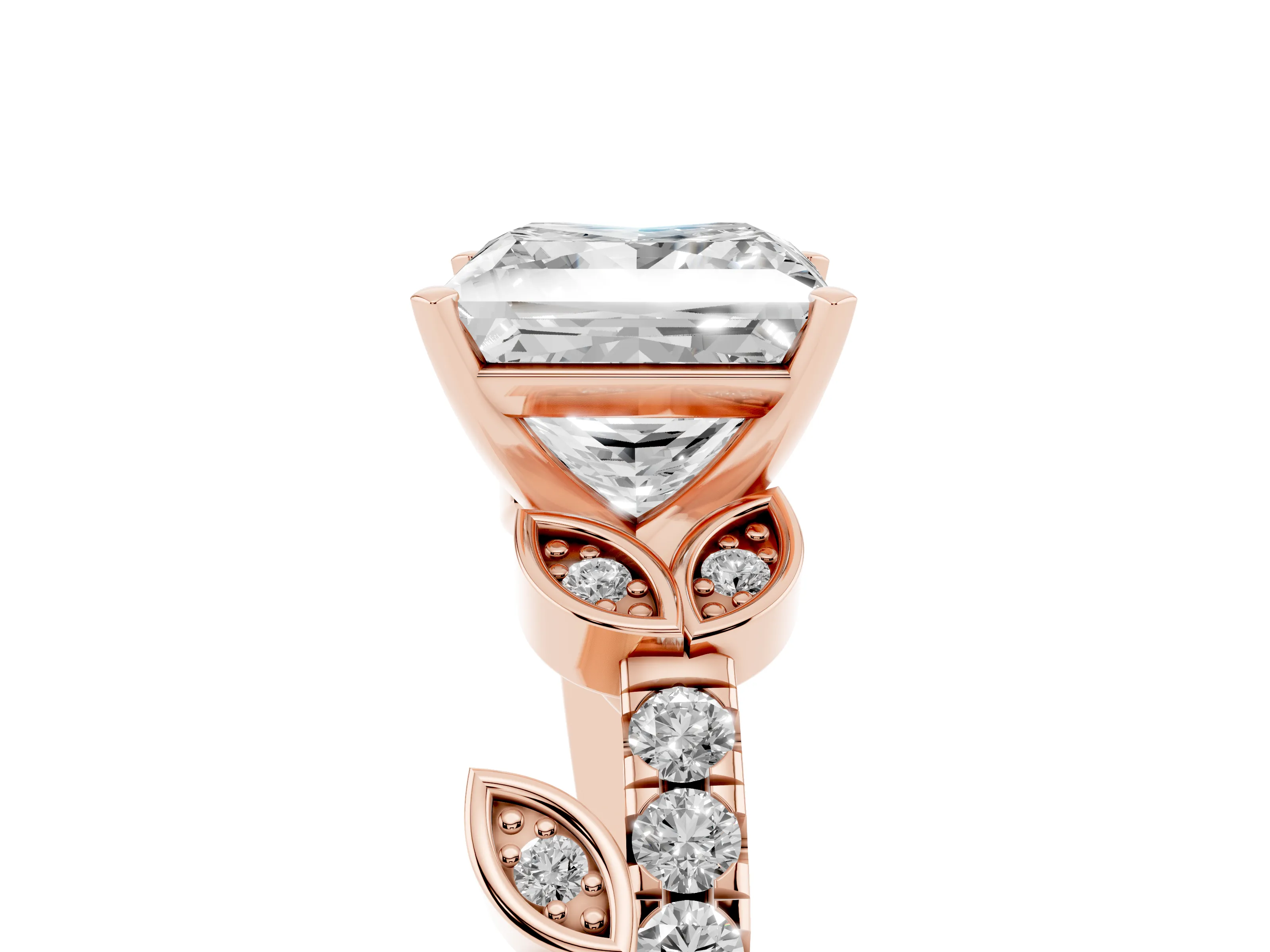 Princess Cut Diamond Solitaire Leaf-Inspired Ring Set in Rose gold with Pavé Band and Prong Setting
