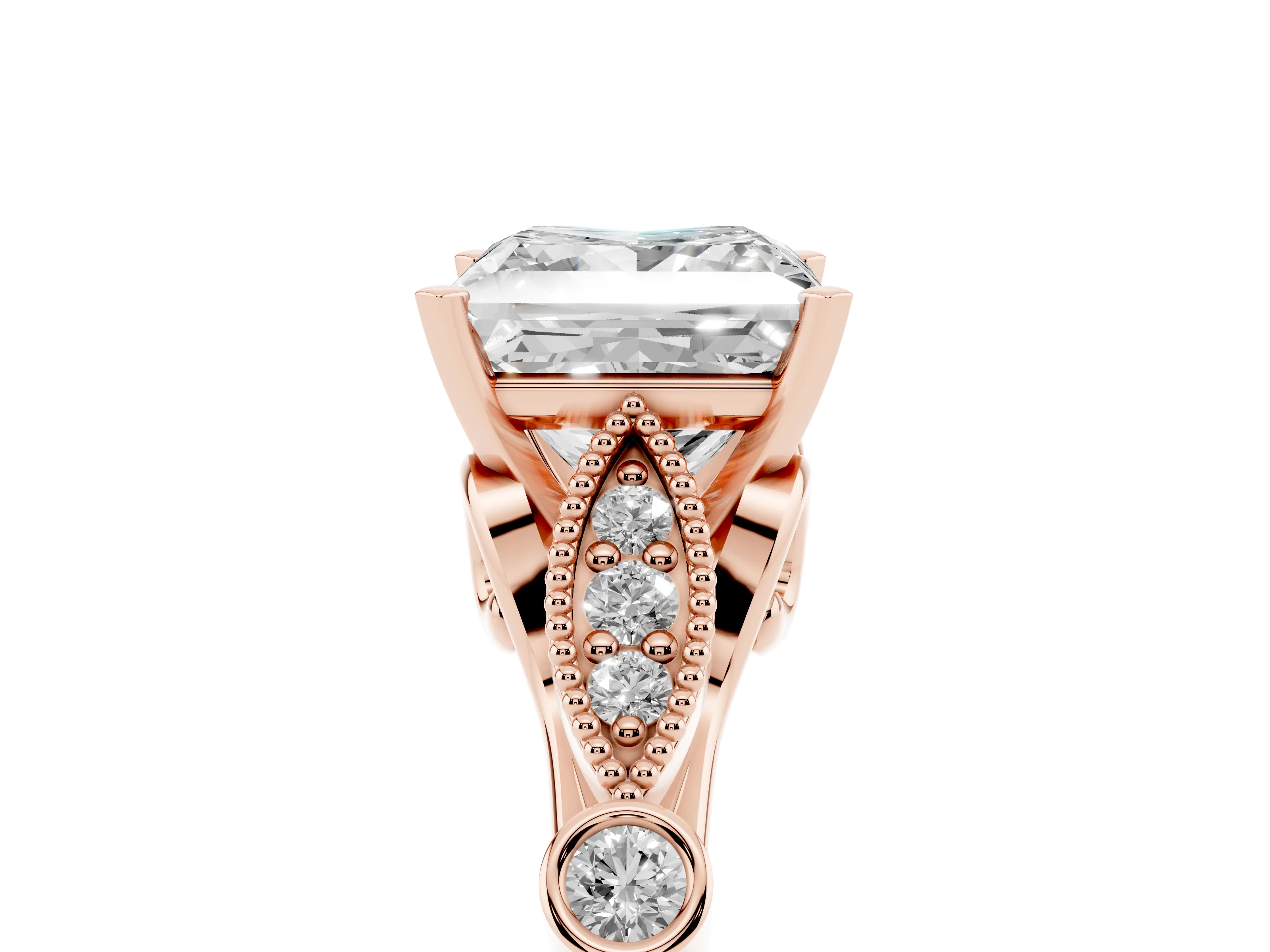 Princess Cut Diamond Solitaire Ring Set in Rose gold with Milgrain Marquise and Bezel Accents