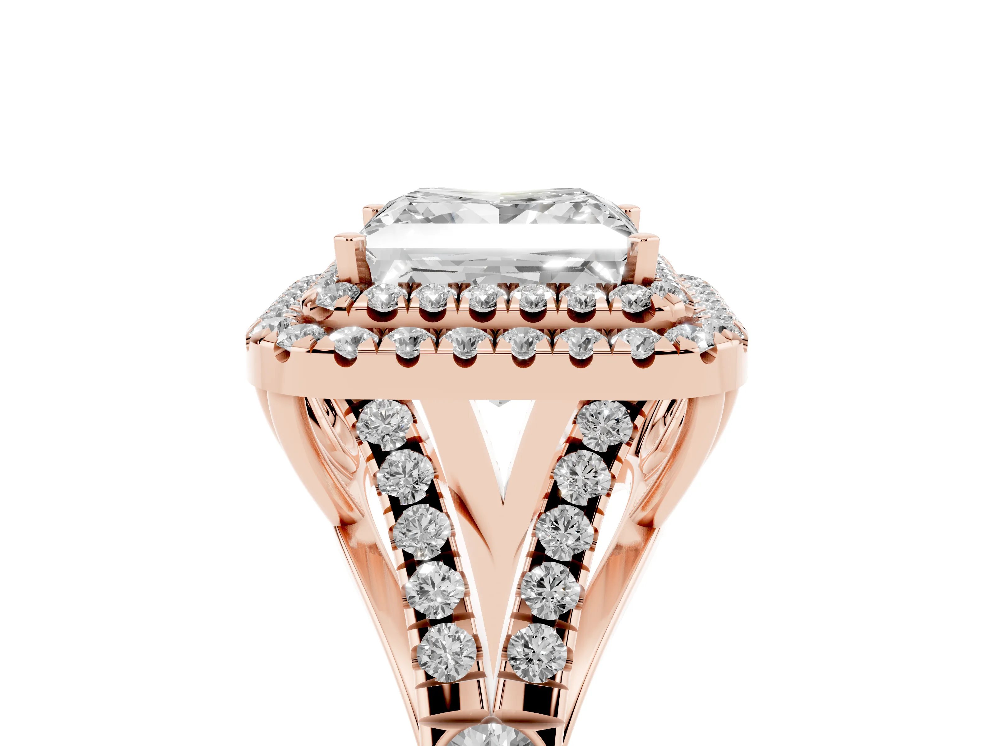 Princess Cut Diamond Pavé Split Shank Double Halo Engagement Ring Set in Rose gold