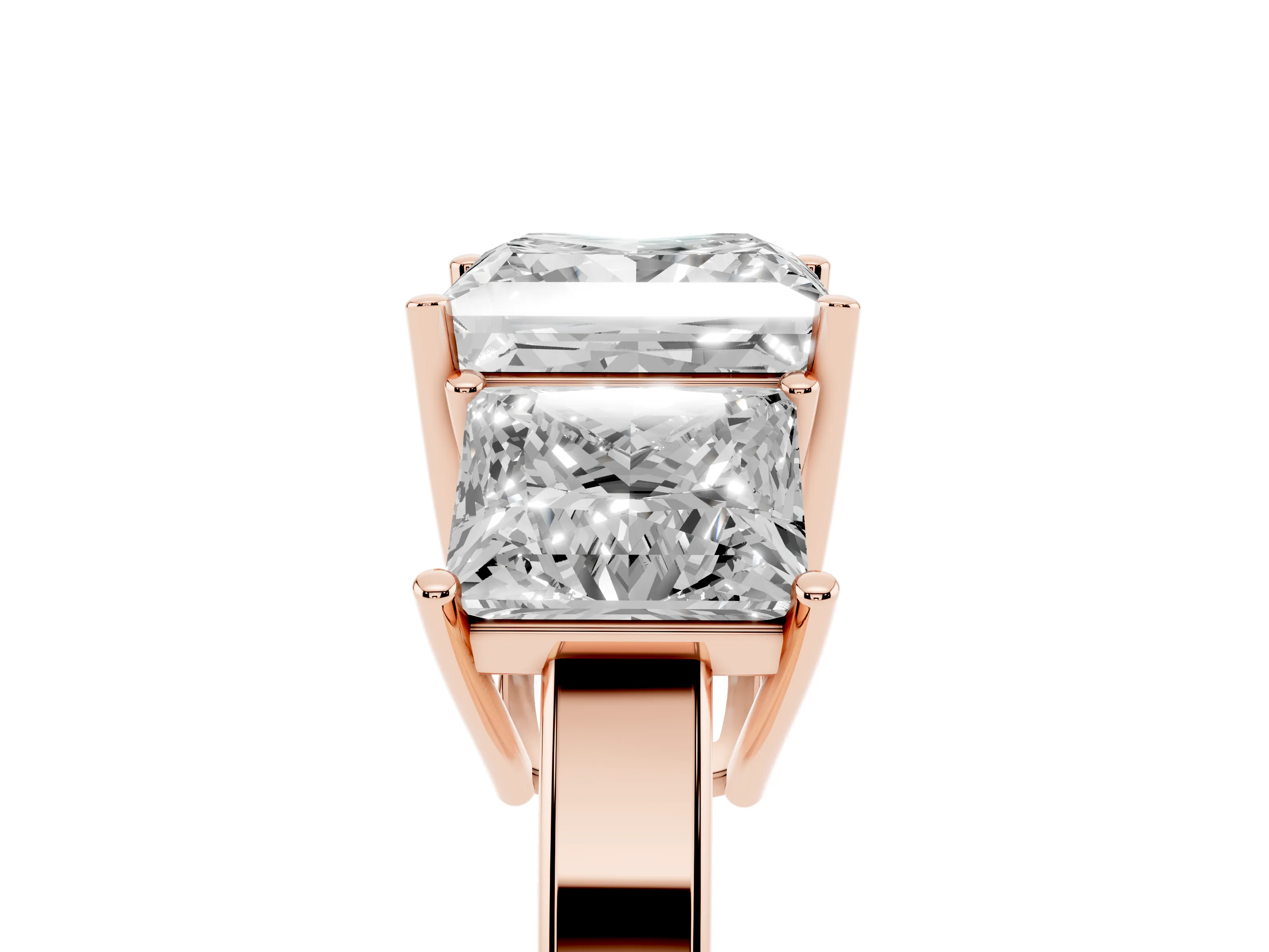 Princess Cut Diamond Three-Stone Engagement Ring Set in Rose gold with Flat Band