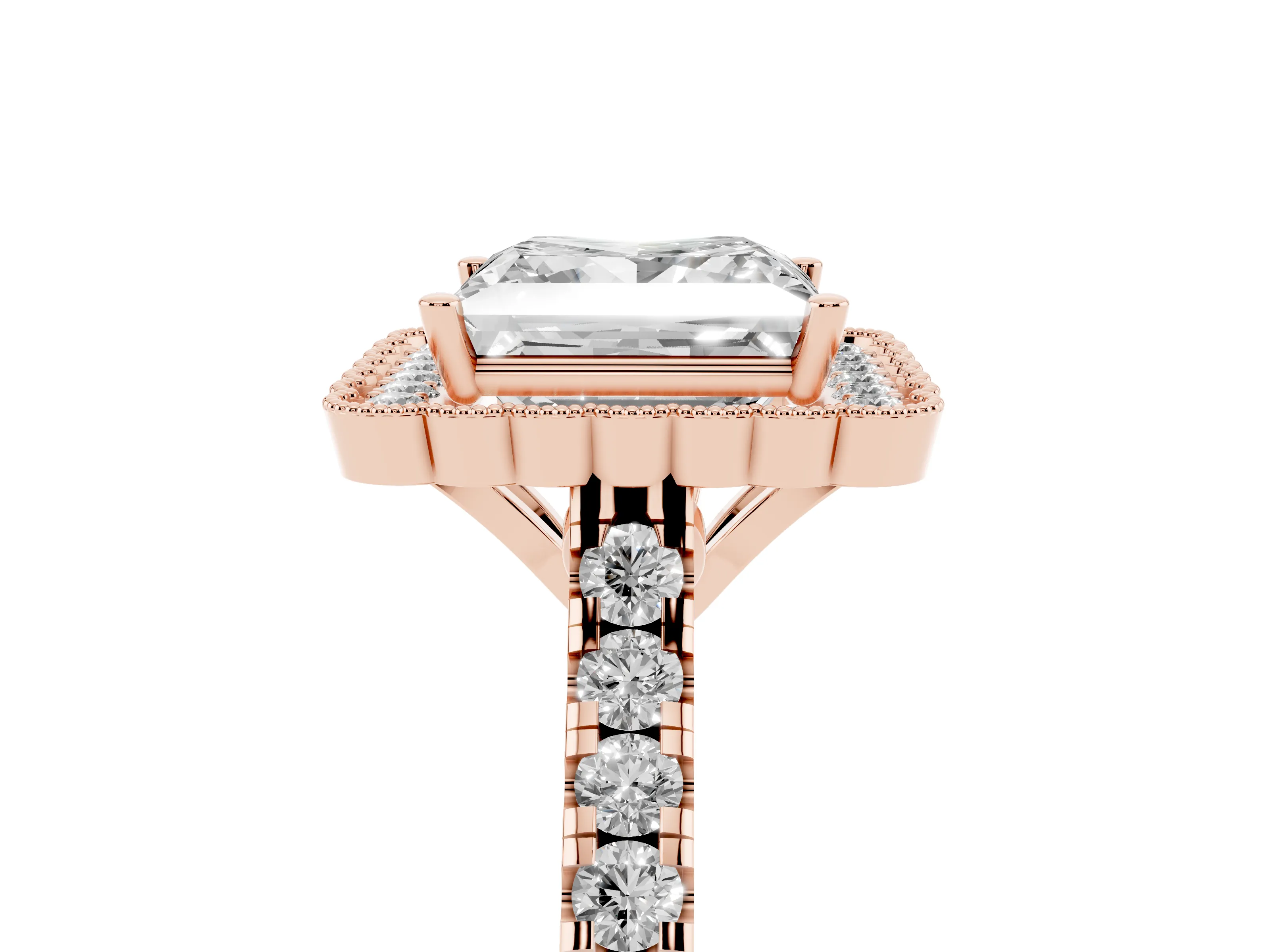 Princess Cut Diamond Milgrain Floral Halo Engagement Ring Set in Rose gold with Pavé Band