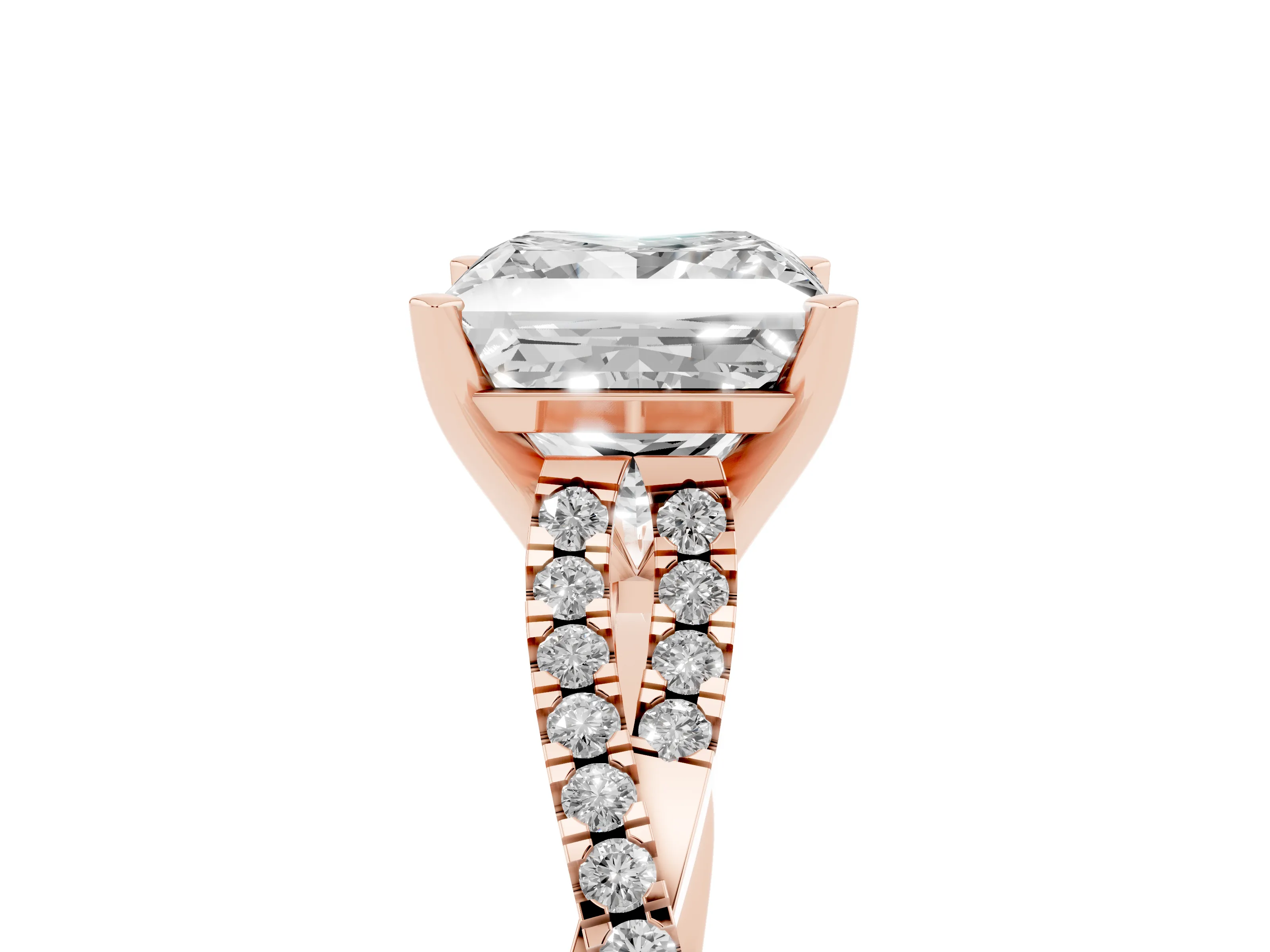 Princess Cut Diamond Solitaire Engagement Ring Set in Rose gold with Twisted Pavé Band and Prong Setting