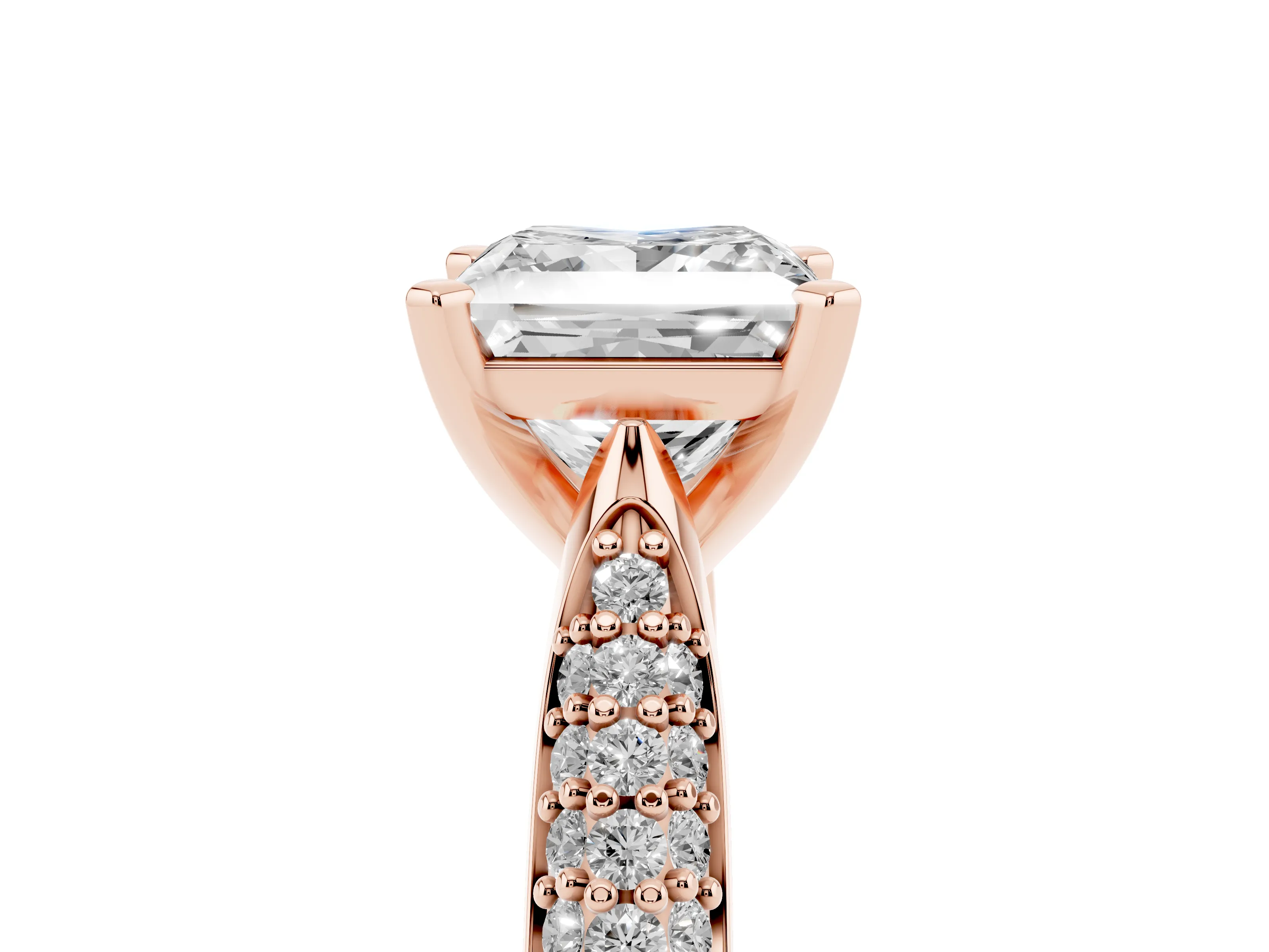 Princess Cut Diamond Solitaire Engagement Ring Set in Rose gold with Multi-Row Round Pavé Band and Prong Setting