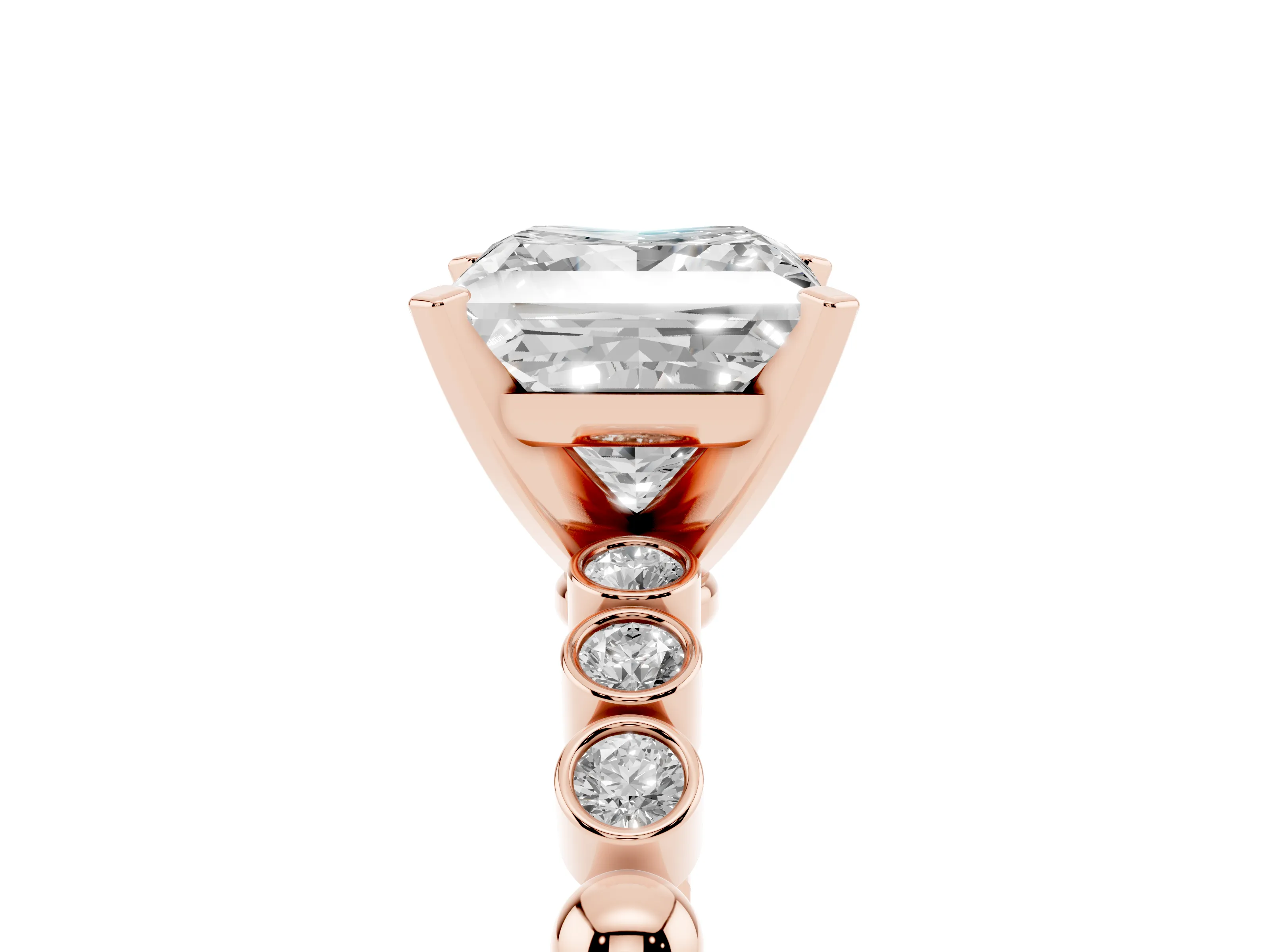 Princess Cut Diamond Solitaire Engagement Ring Set in Rose gold with Bezel Accents on Beaded Band