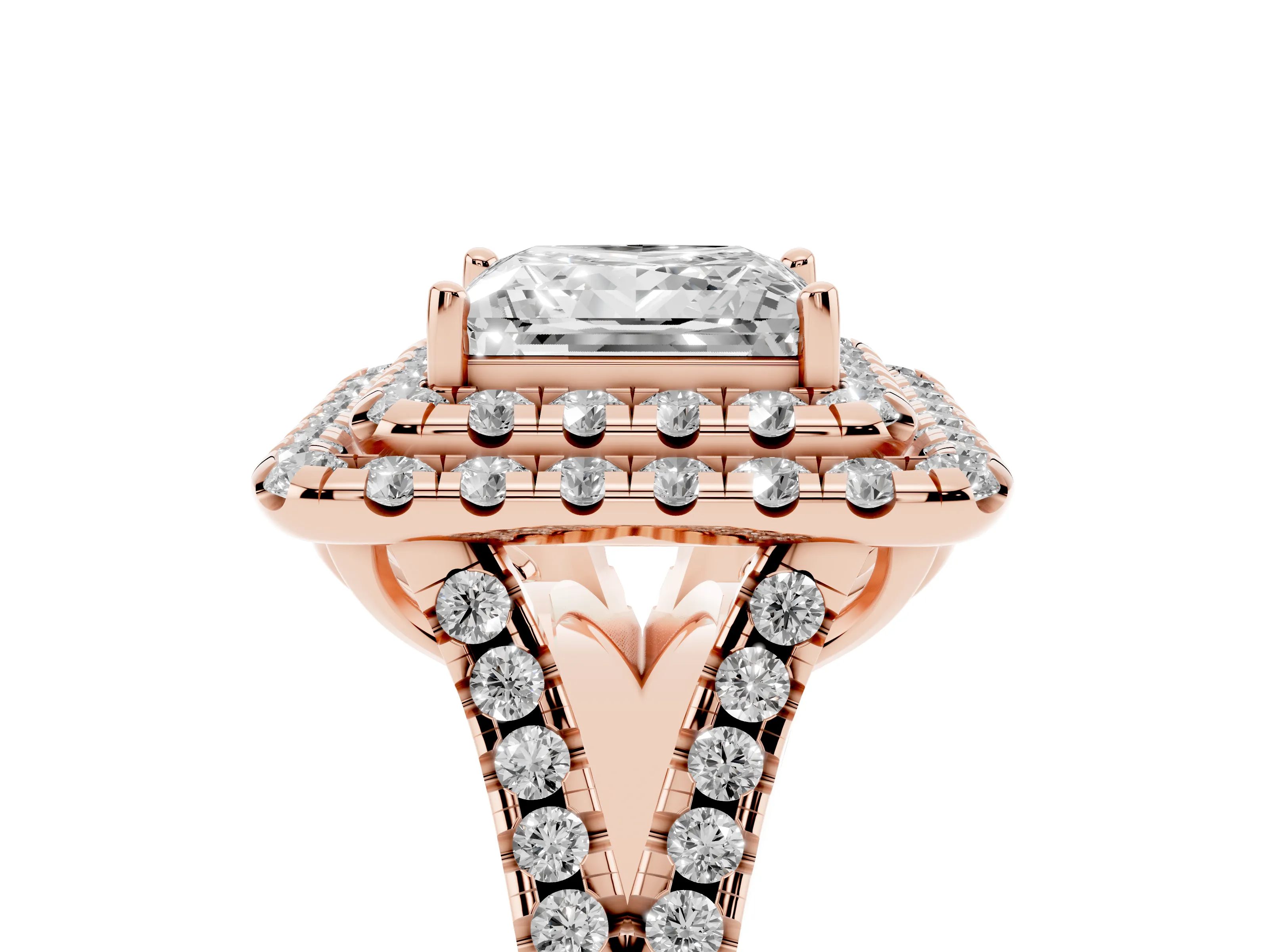 Princess Cut Diamond Double Halo Ring Set in Rose gold with Pavé Split Shank and Prong Setting