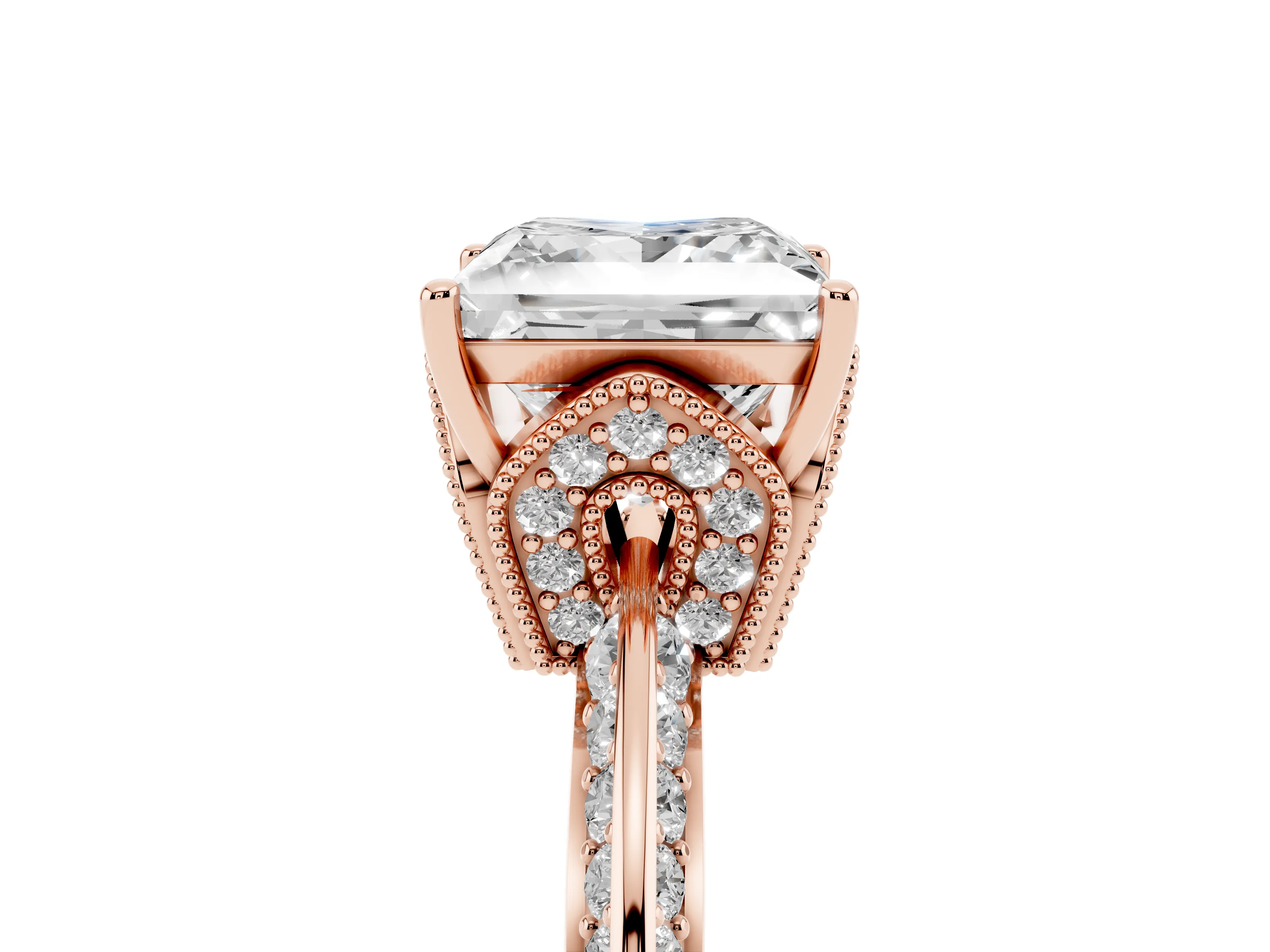 Princess Cut Diamond Solitaire Engagement Ring Set in Rose gold with Pavé Split Shank and Prong Setting