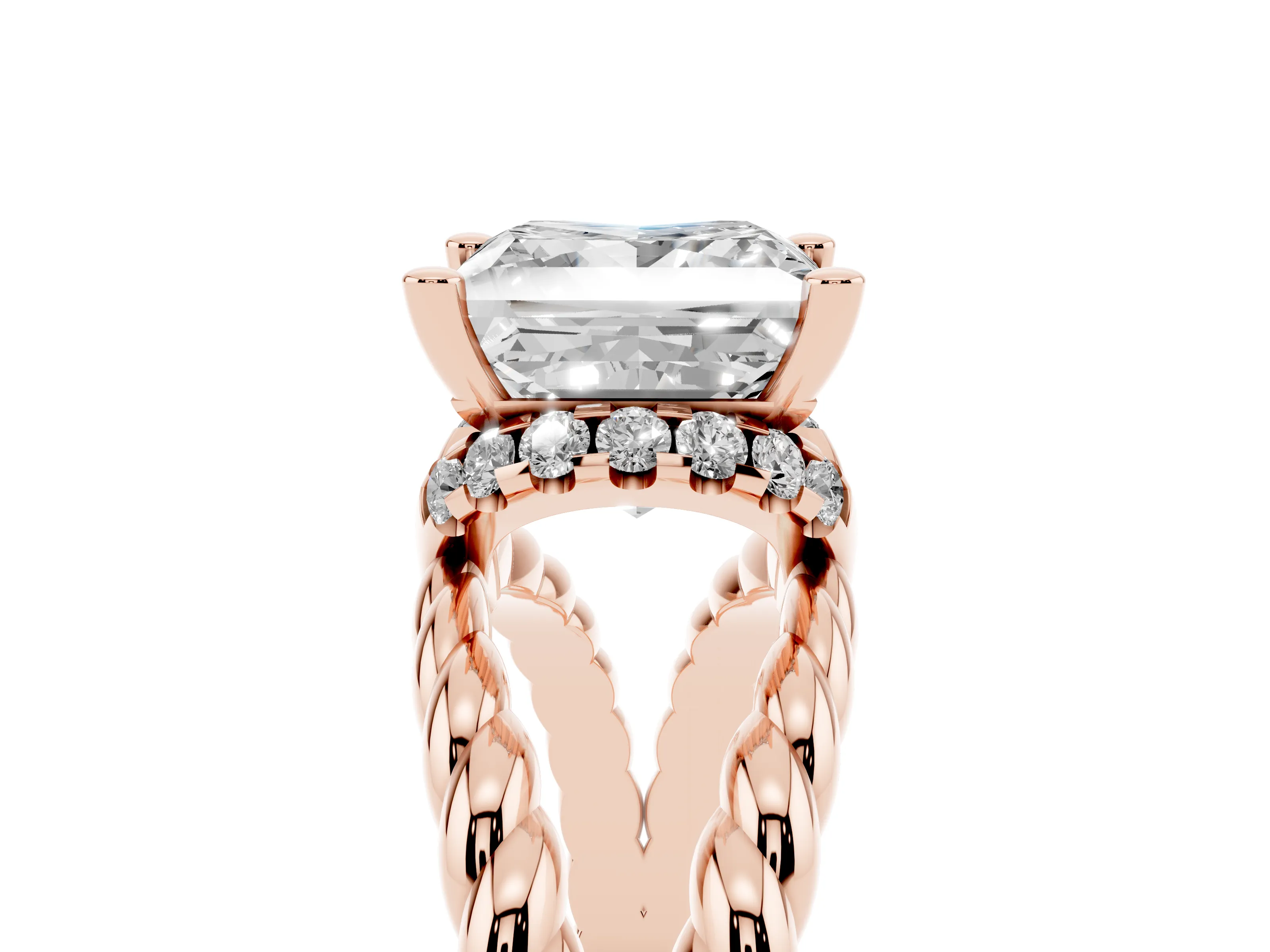 Princess Cut Diamond Halo Ring Set in Rose gold with Twisted Band and Prong Setting