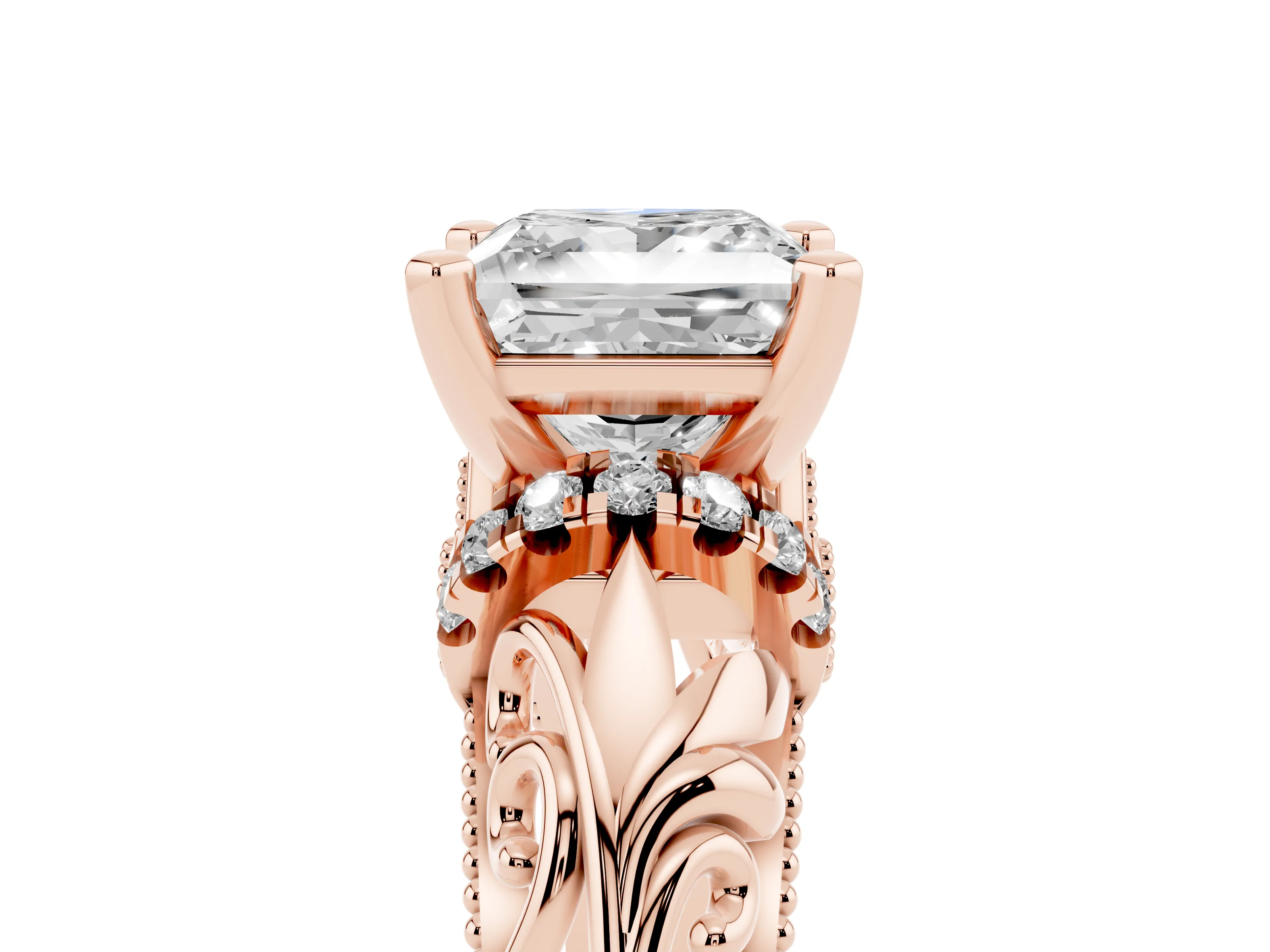 Princess Cut Diamond Filigree Halo Engagement Ring Set in Rose gold with Prong Setting