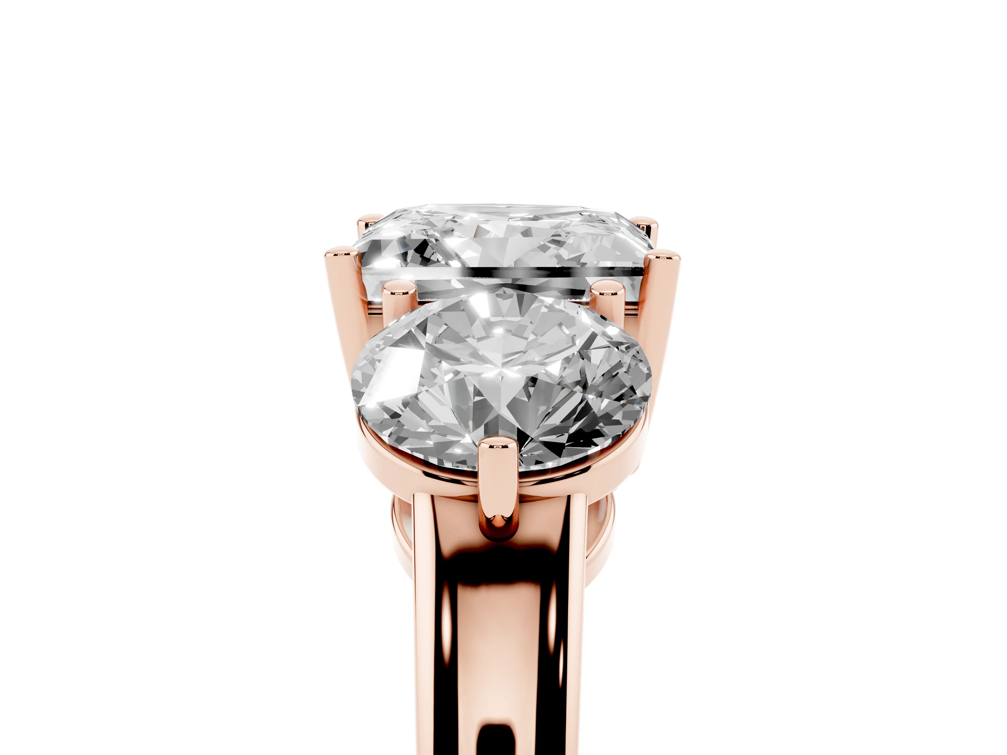 Princess Cut Diamond Three-Stone Ring Set in Rose gold with Prong Setting and Plain Band